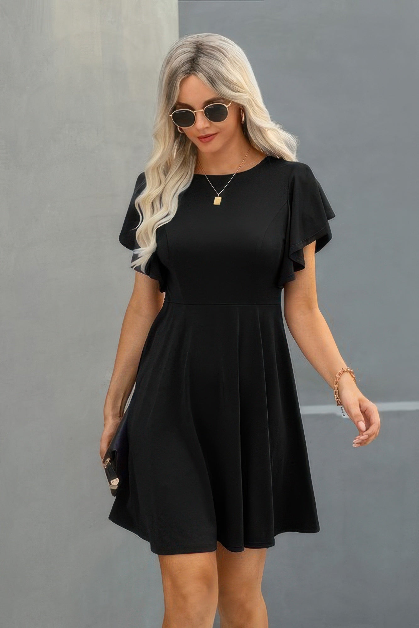 Elegant Solid Crew Neck Butterfly Sleeve Slim Dress product image