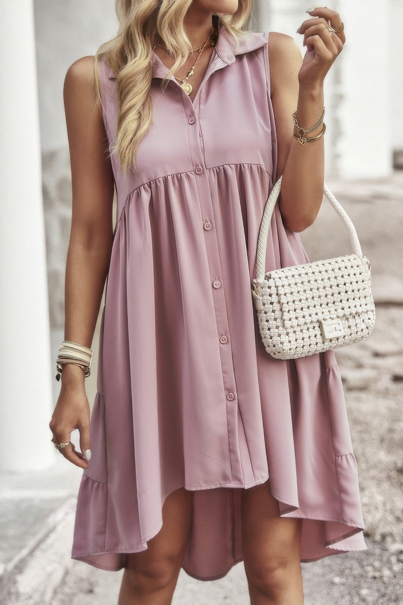 Sleeveless Solid Peplum Shirt Dress product image