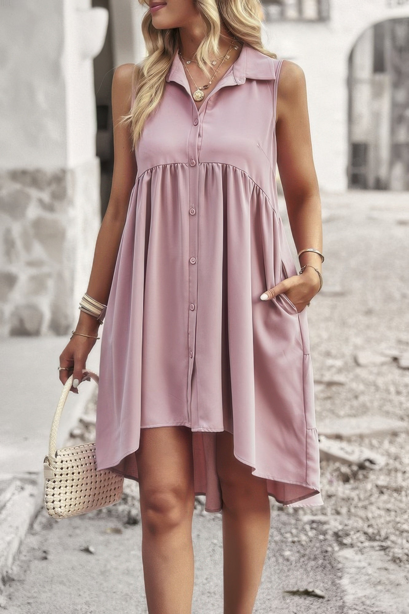 Sleeveless Solid Peplum Shirt Dress product image