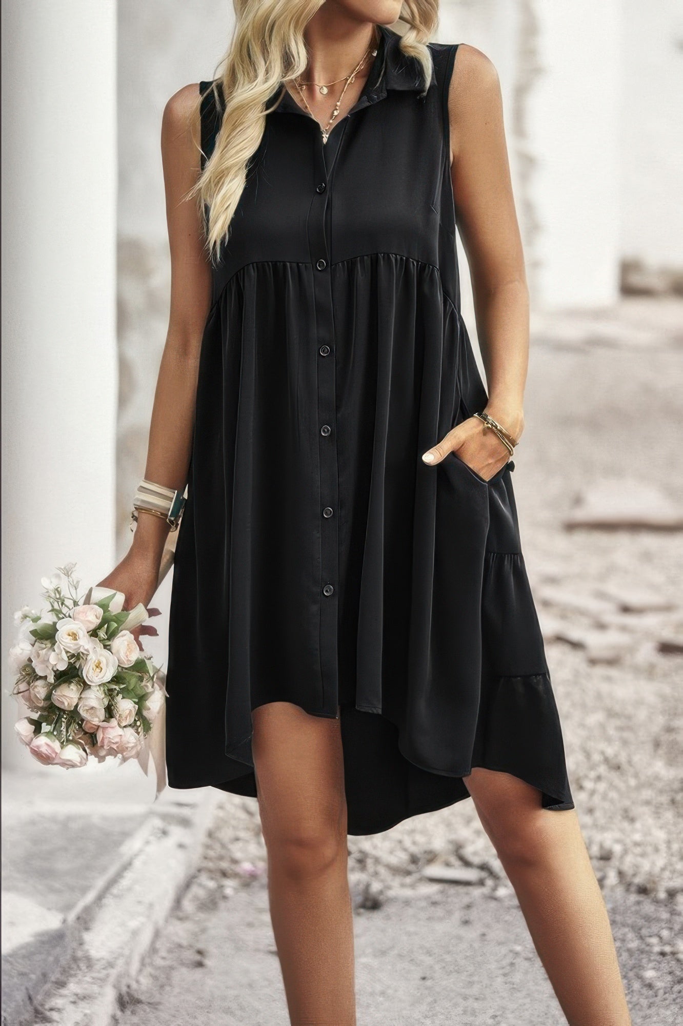 Sleeveless Solid Peplum Shirt Dress product image