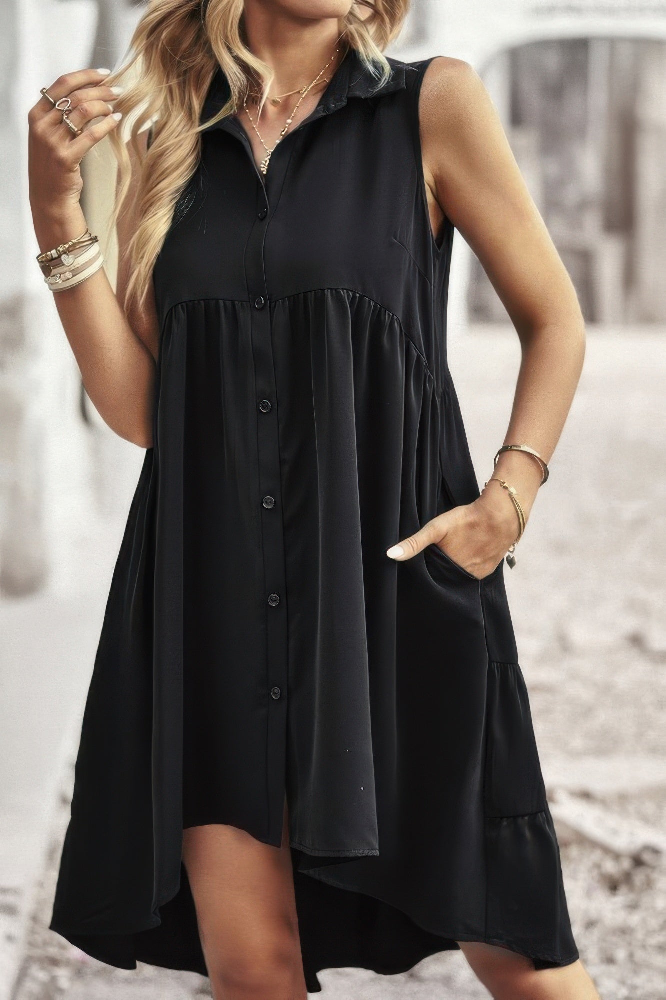 Sleeveless Solid Peplum Shirt Dress product image