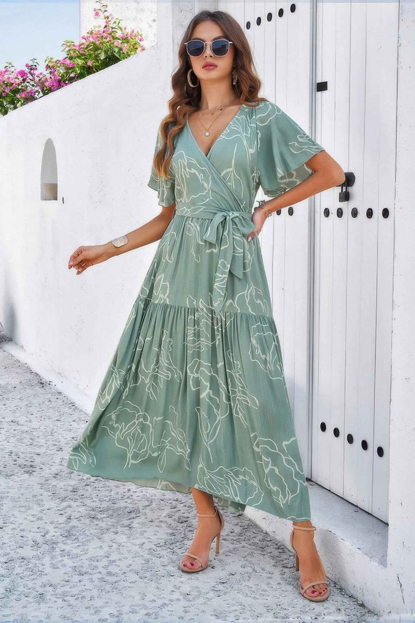 Allover Print V Neck Fit Belt A Line Long Dress Allover Print V Neck Fit Belt A Line Long Dress