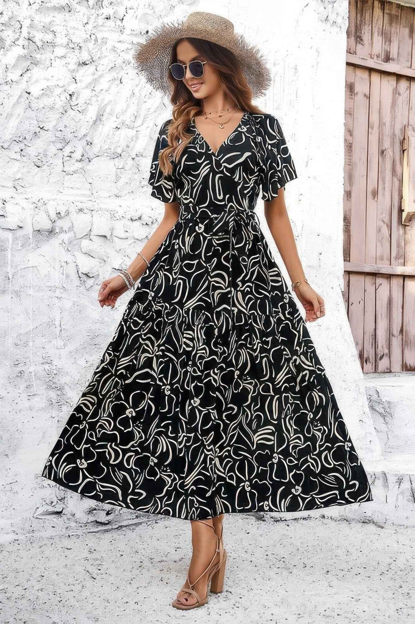 Allover Print V Neck Fit Belt A Line Long Dress Allover Print V Neck Fit Belt A Line Long Dress