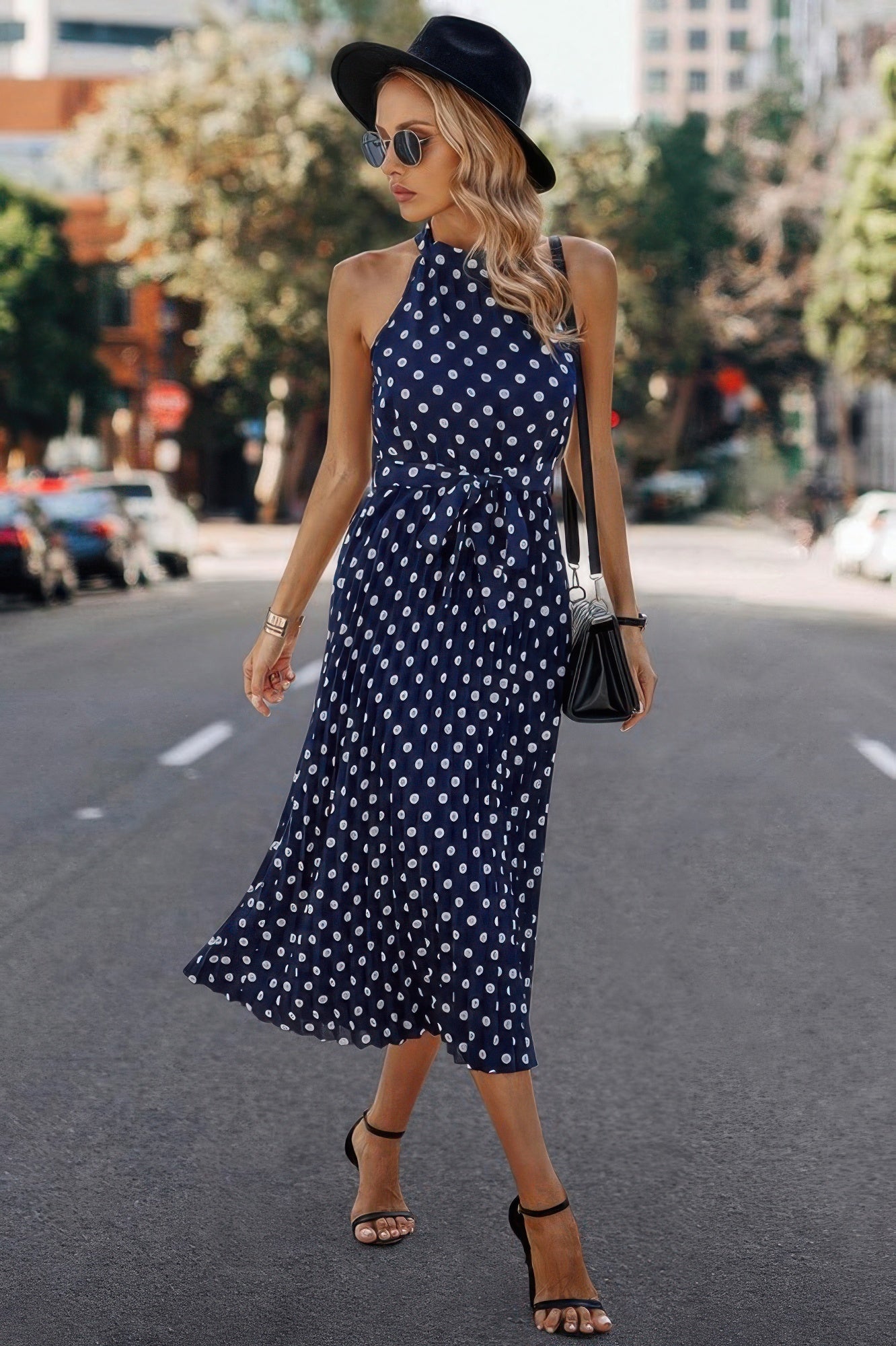 Dot Print Open Shoulder Fit Knot Belt Dress Dot Print Open Shoulder Fit Knot Belt Dress
