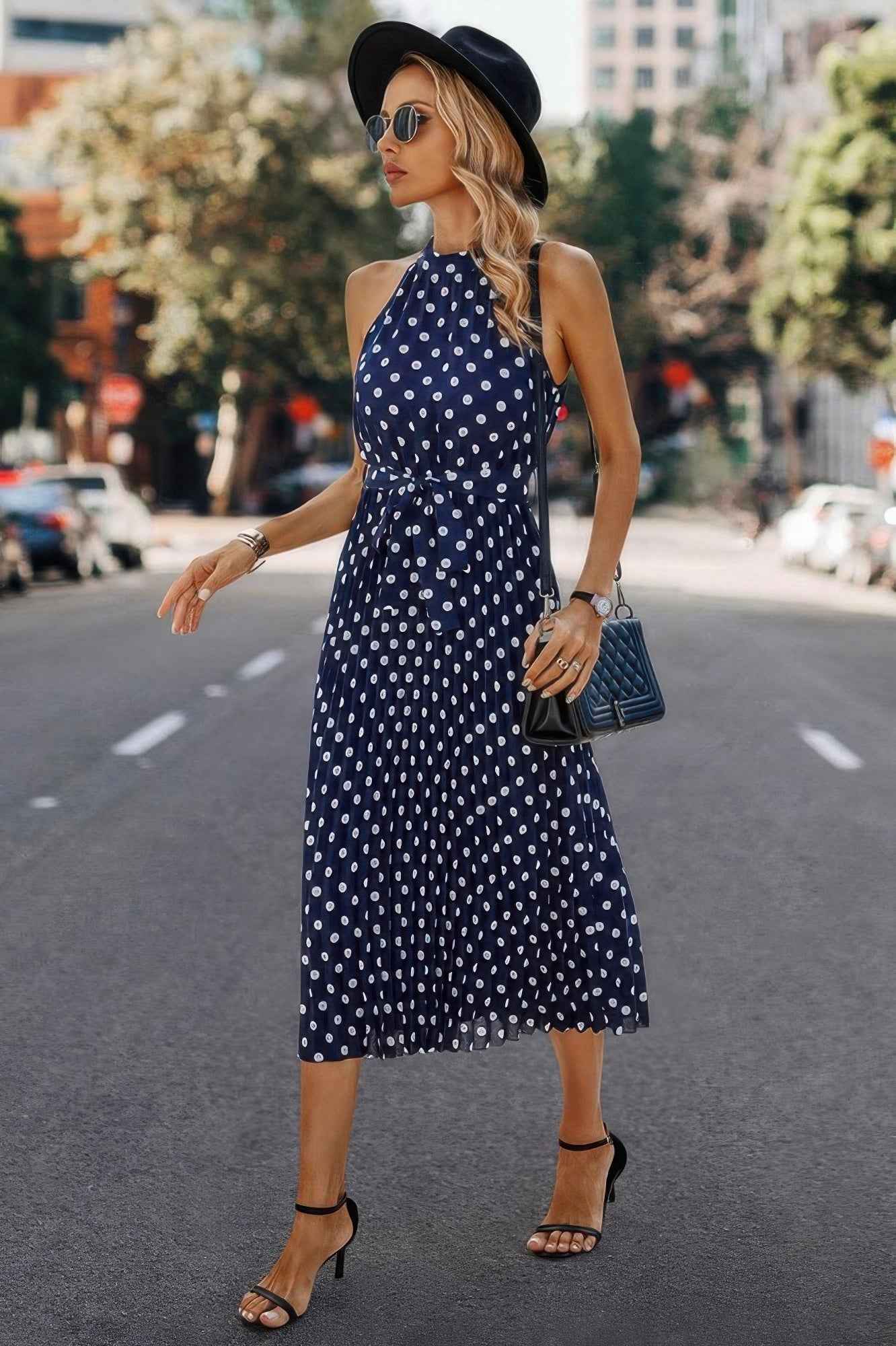 Dot Print Open Shoulder Fit Knot Belt Dress Dot Print Open Shoulder Fit Knot Belt Dress