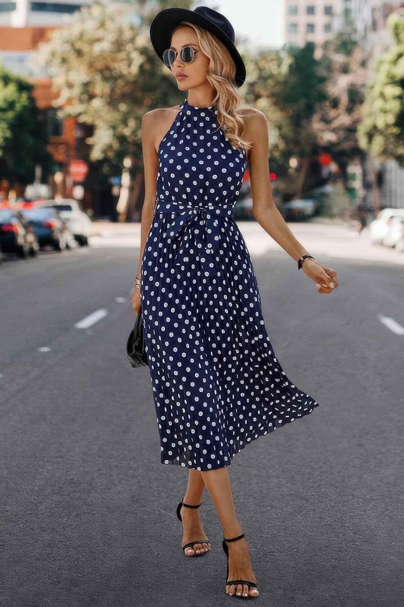 Dot Print Open Shoulder Fit Knot Belt Dress Dot Print Open Shoulder Fit Knot Belt Dress