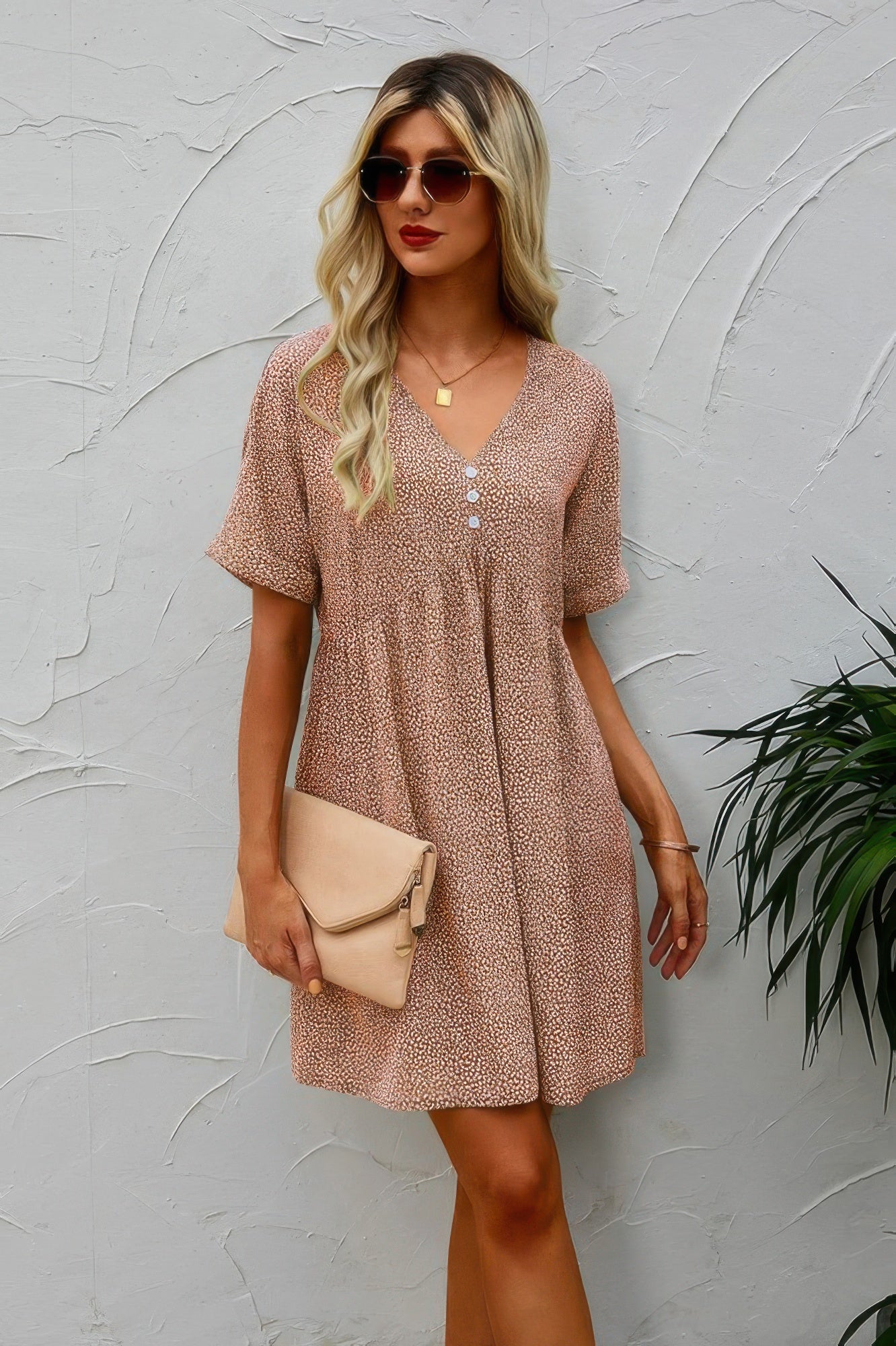 Button V Neck Short Sleeve Tunic Short Dress product image