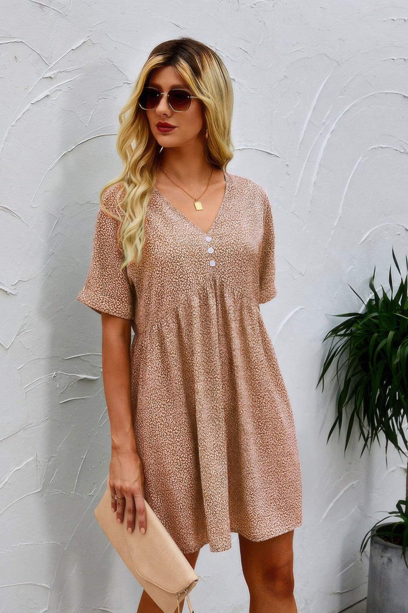 Button V Neck Short Sleeve Tunic Short Dress product image