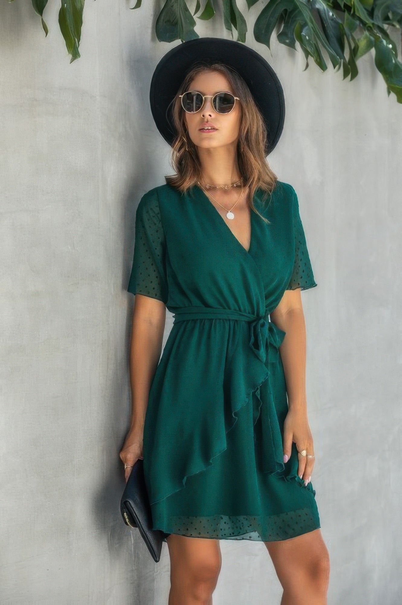 V Neck Ruffled Hem Wrap Dress product image