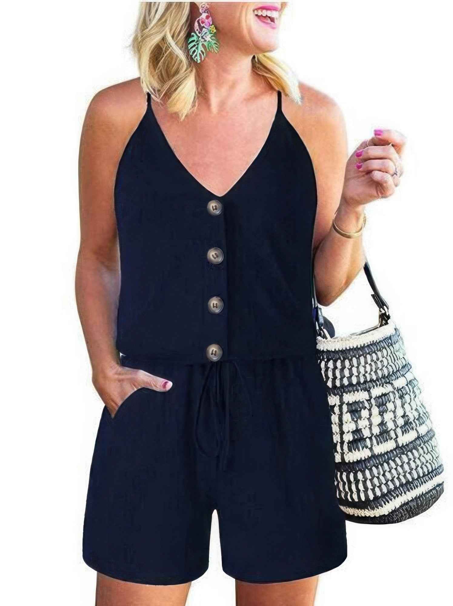 Button Sleeveless Spaghetti Strap Cami Romper Button Sleeveless Spaghetti Strap Cami Romper