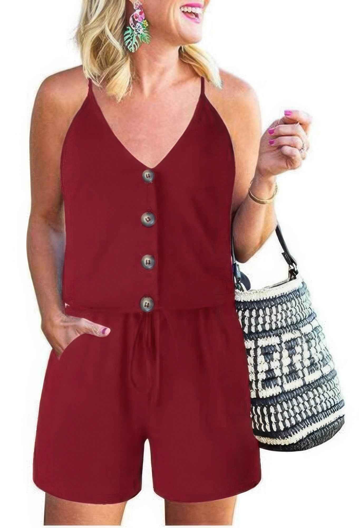 Button Sleeveless Spaghetti Strap Cami Romper Button Sleeveless Spaghetti Strap Cami Romper