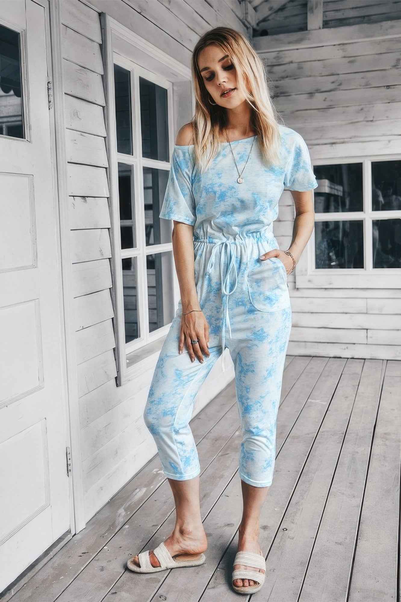 Tie Dye One Shoulder Drawstring Fit Jumpsuit Tie Dye One Shoulder Drawstring Fit Jumpsuit