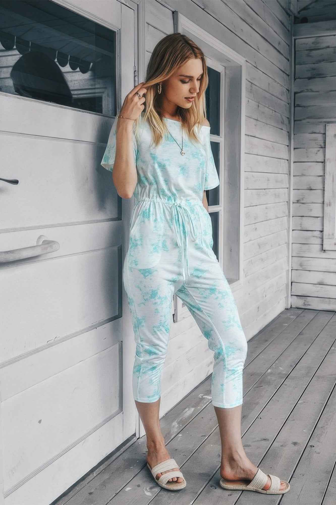 Tie Dye One Shoulder Drawstring Fit Jumpsuit Tie Dye One Shoulder Drawstring Fit Jumpsuit