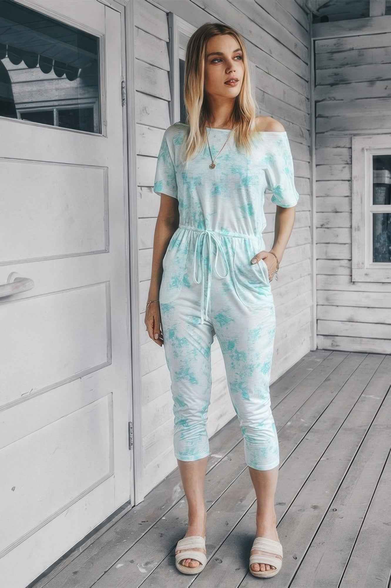 Tie Dye One Shoulder Drawstring Fit Jumpsuit Tie Dye One Shoulder Drawstring Fit Jumpsuit