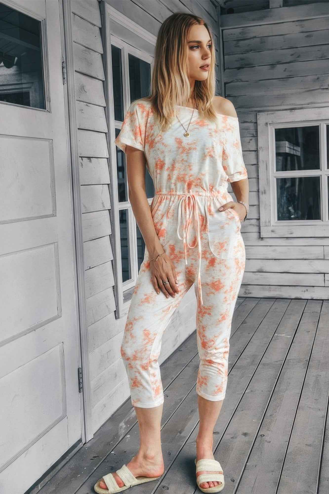 Tie Dye One Shoulder Drawstring Fit Jumpsuit Tie Dye One Shoulder Drawstring Fit Jumpsuit