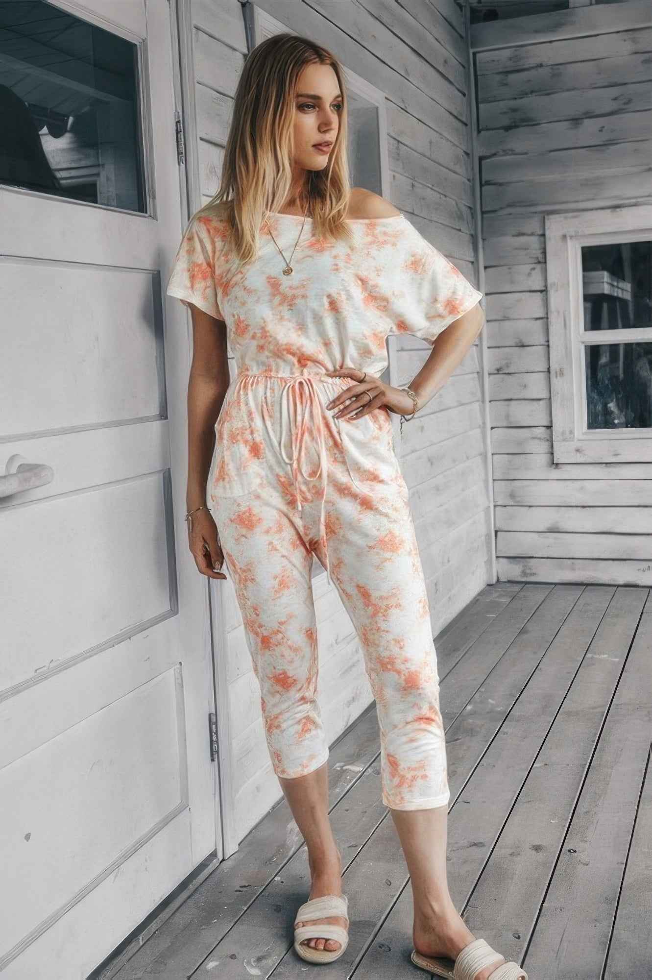 Tie Dye One Shoulder Drawstring Fit Jumpsuit Tie Dye One Shoulder Drawstring Fit Jumpsuit