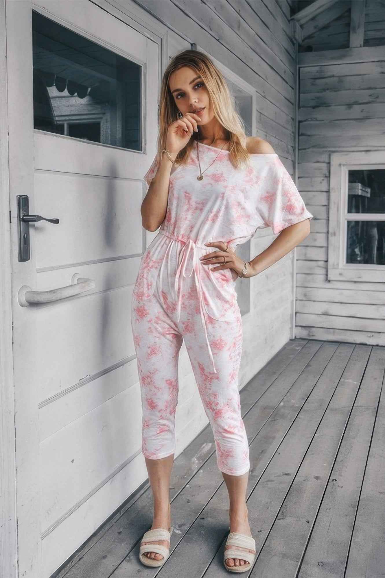 Tie Dye One Shoulder Drawstring Fit Jumpsuit Tie Dye One Shoulder Drawstring Fit Jumpsuit