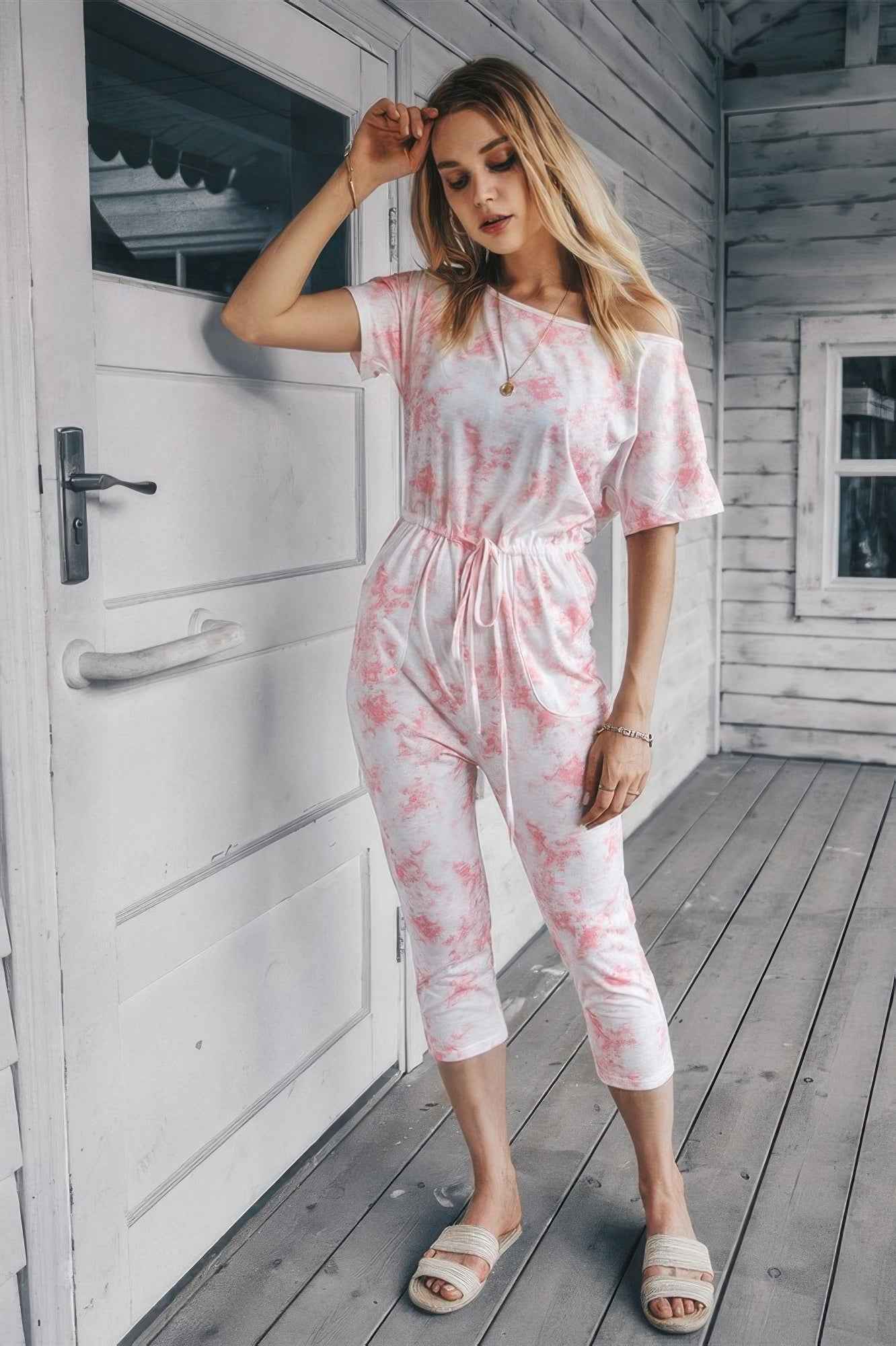 Tie Dye One Shoulder Drawstring Fit Jumpsuit Tie Dye One Shoulder Drawstring Fit Jumpsuit