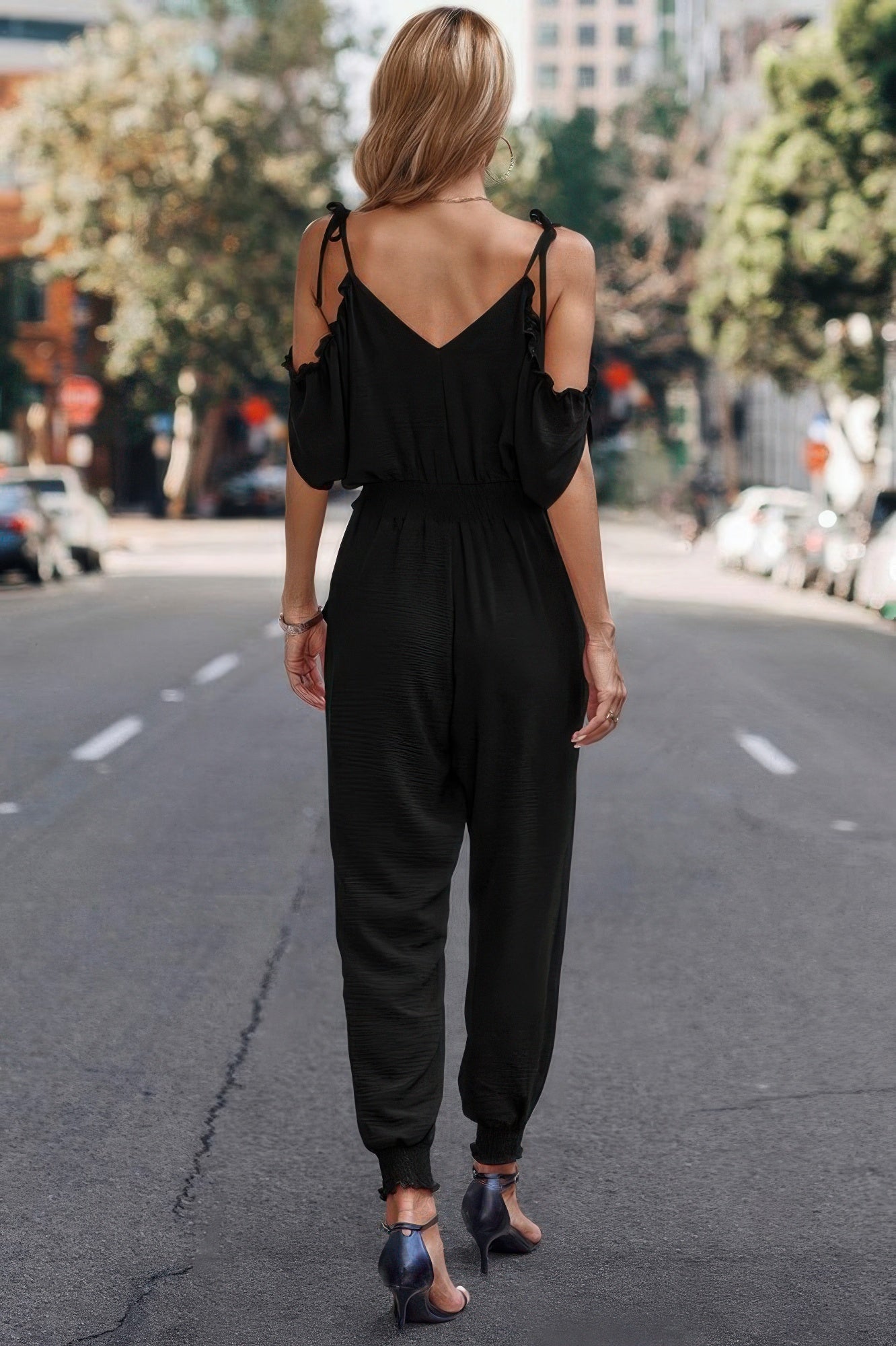 Solid Wrap V Neck Cold Shoulder Outfits Jumpsuit product image
