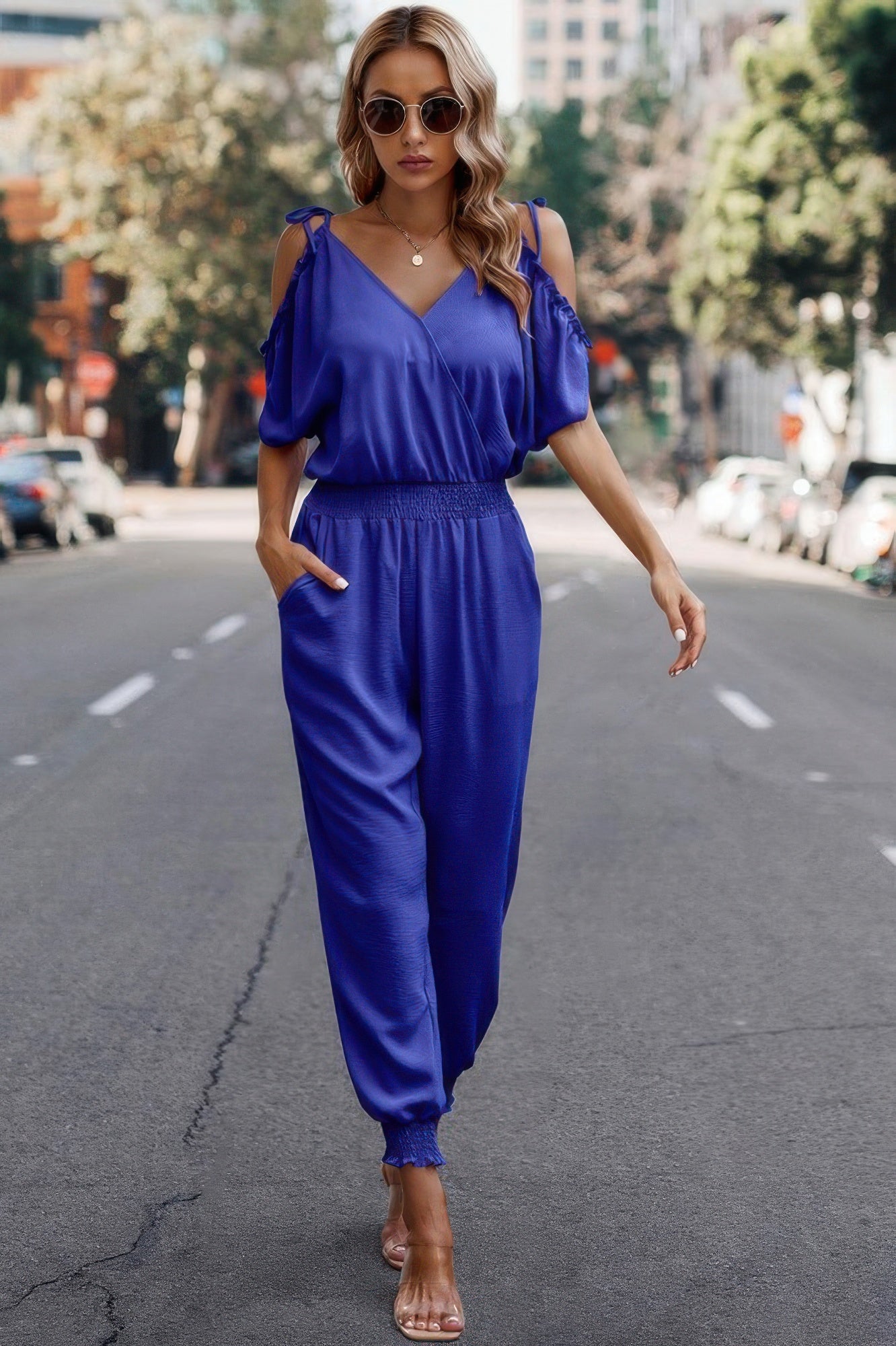 Solid Wrap V Neck Cold Shoulder Outfits Jumpsuit product image