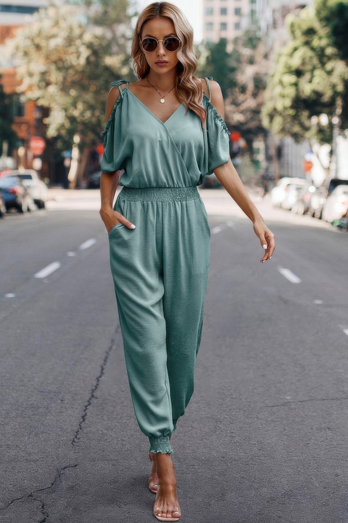 Solid Wrap V Neck Cold Shoulder Outfits Jumpsuit product image