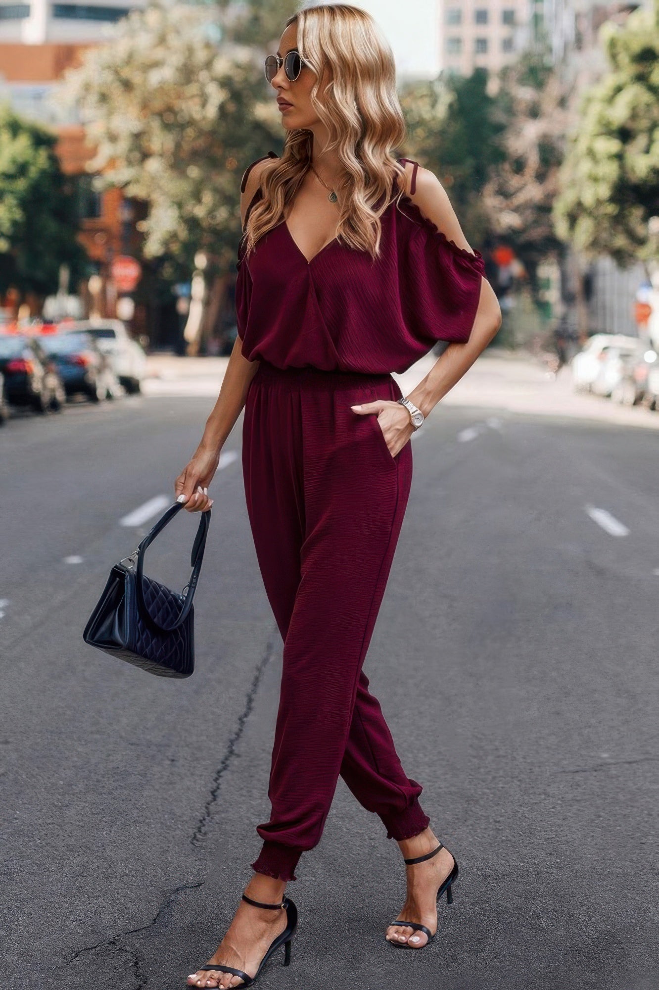 Solid Wrap V Neck Cold Shoulder Outfits Jumpsuit product image