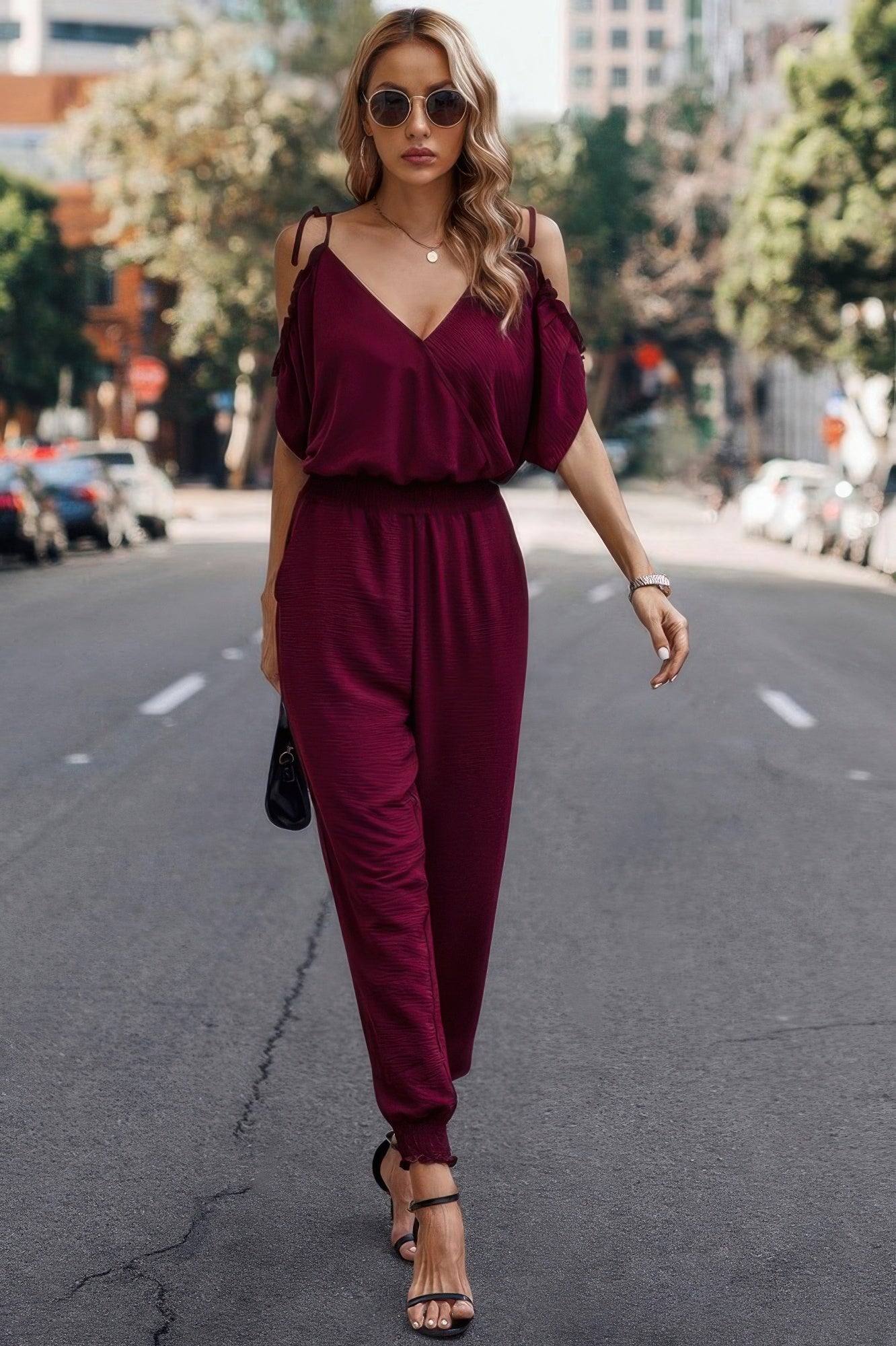 Solid Wrap V Neck Cold Shoulder Outfits Jumpsuit product image