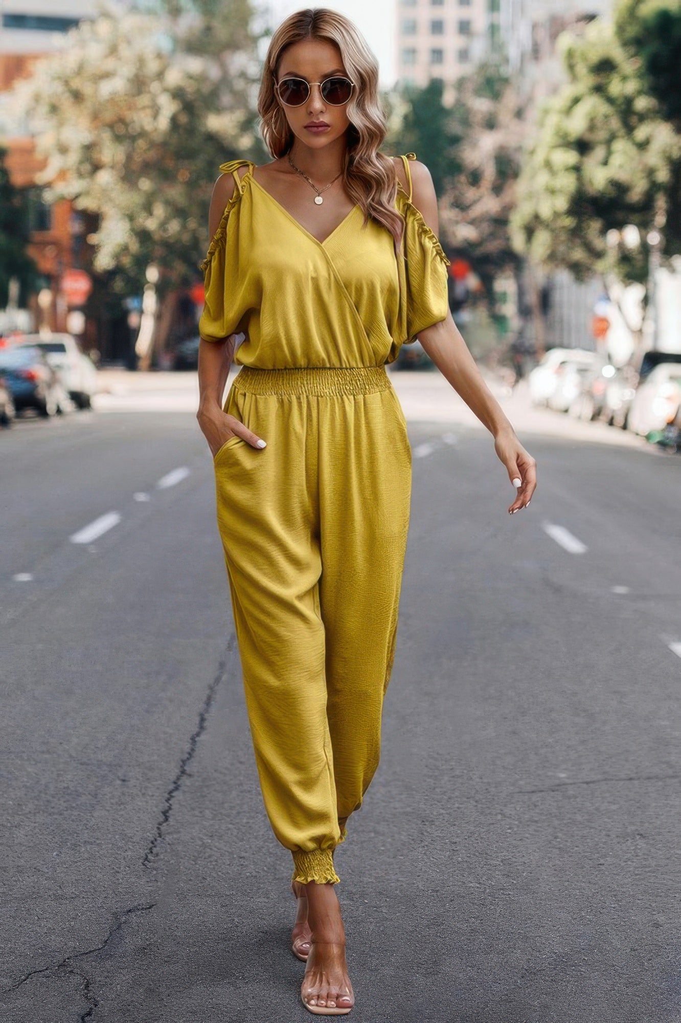 Solid Wrap V Neck Cold Shoulder Outfits Jumpsuit product image