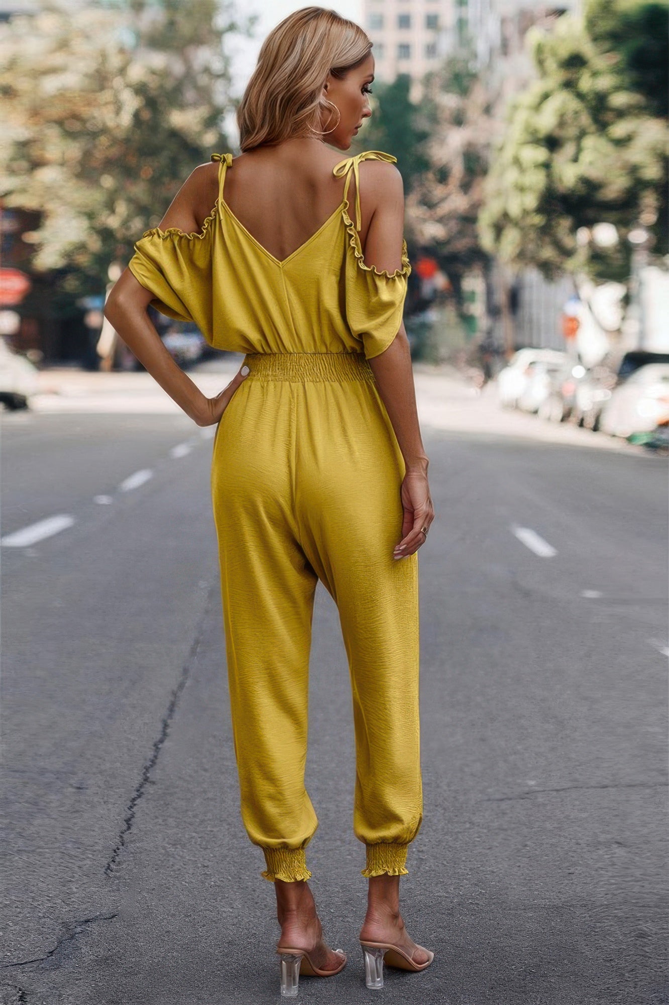 Solid Wrap V Neck Cold Shoulder Outfits Jumpsuit product image