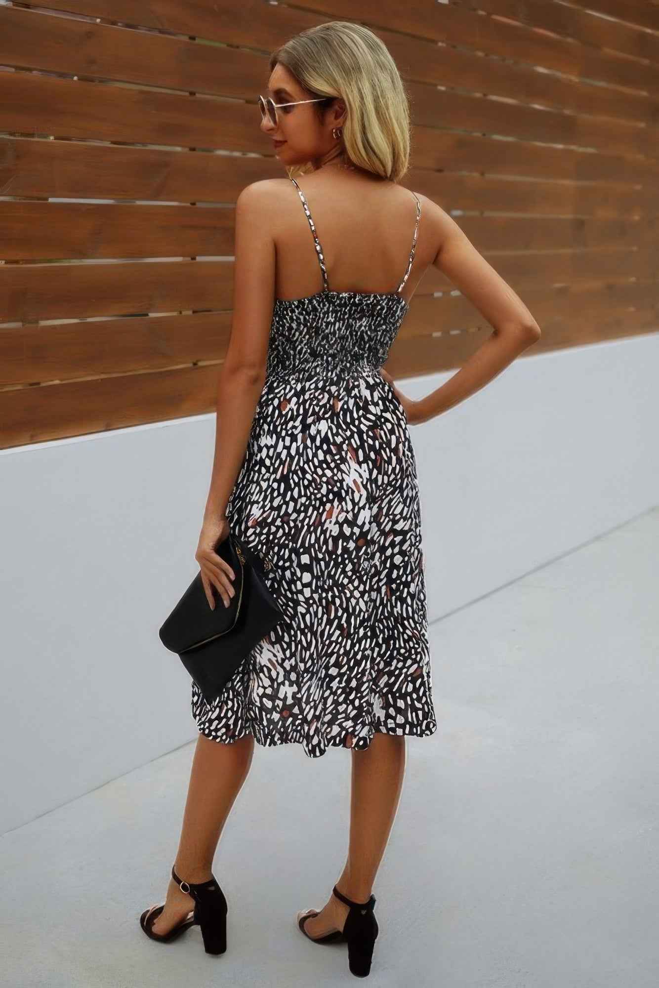V Neck Spaghetti Strap Leopard Cut Out Midi Dress V Neck Spaghetti Strap Leopard Cut Out Midi Dress