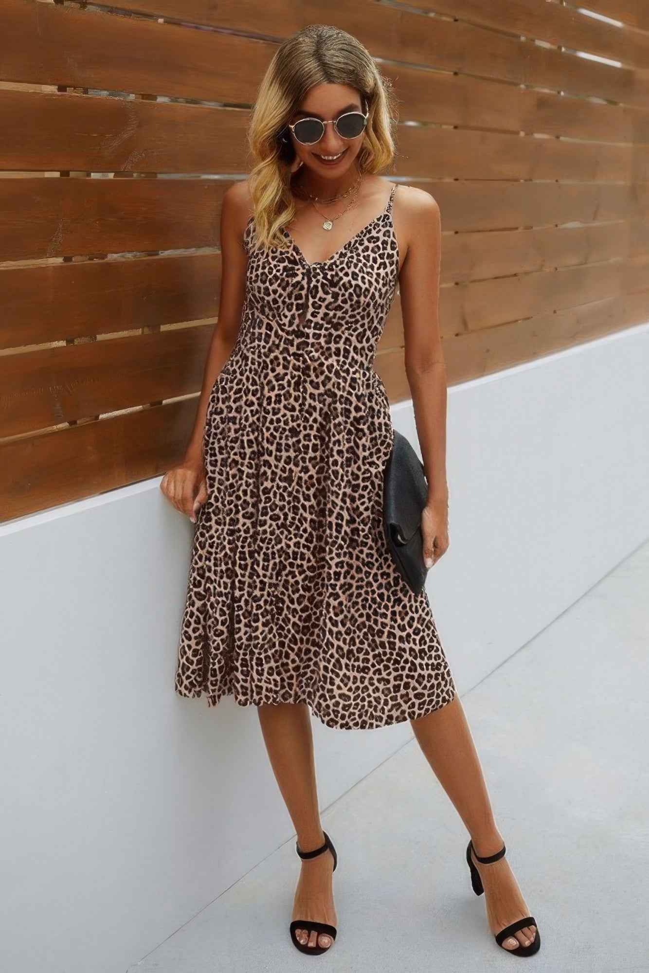 V Neck Spaghetti Strap Leopard Cut Out Midi Dress V Neck Spaghetti Strap Leopard Cut Out Midi Dress