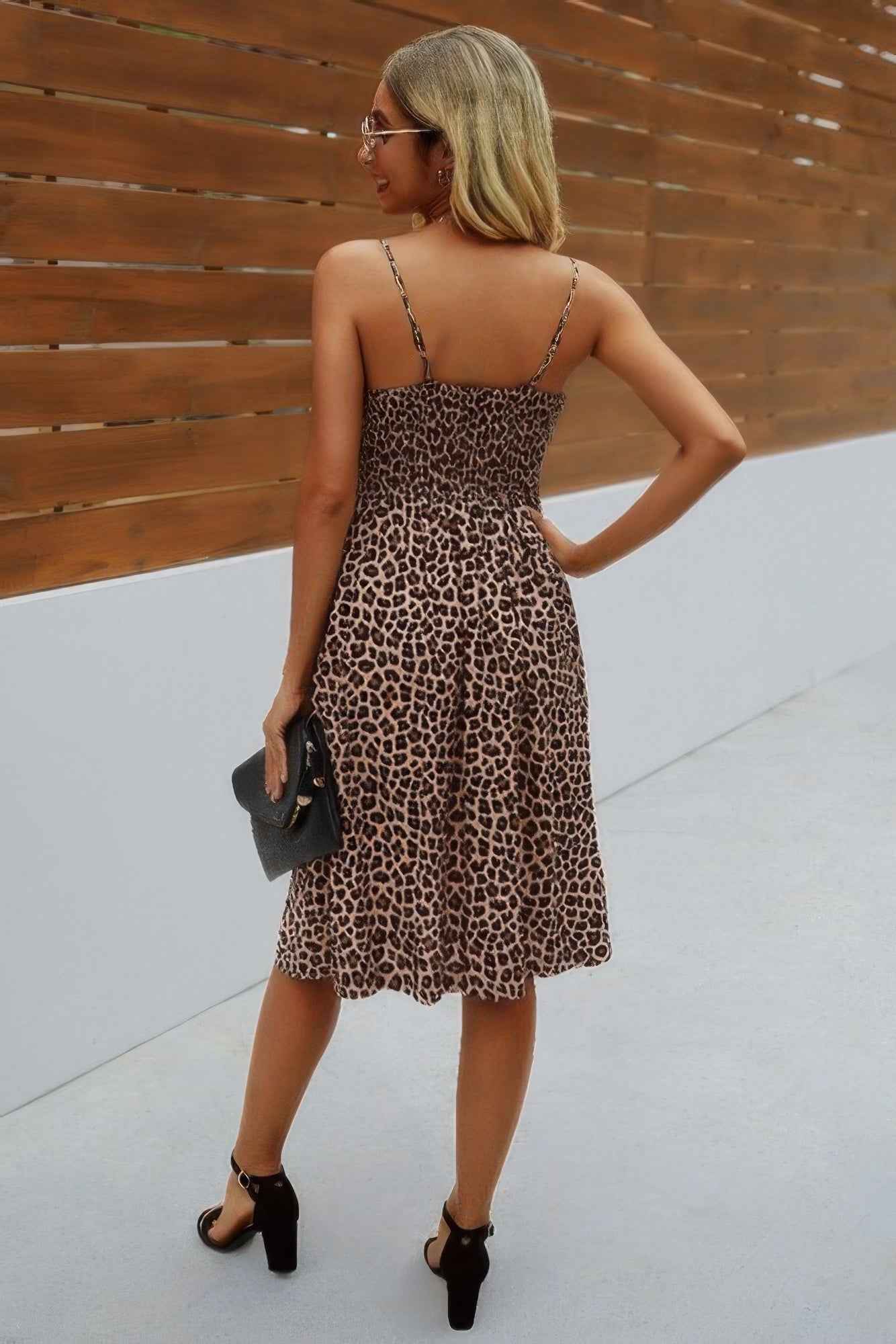 V Neck Spaghetti Strap Leopard Cut Out Midi Dress V Neck Spaghetti Strap Leopard Cut Out Midi Dress