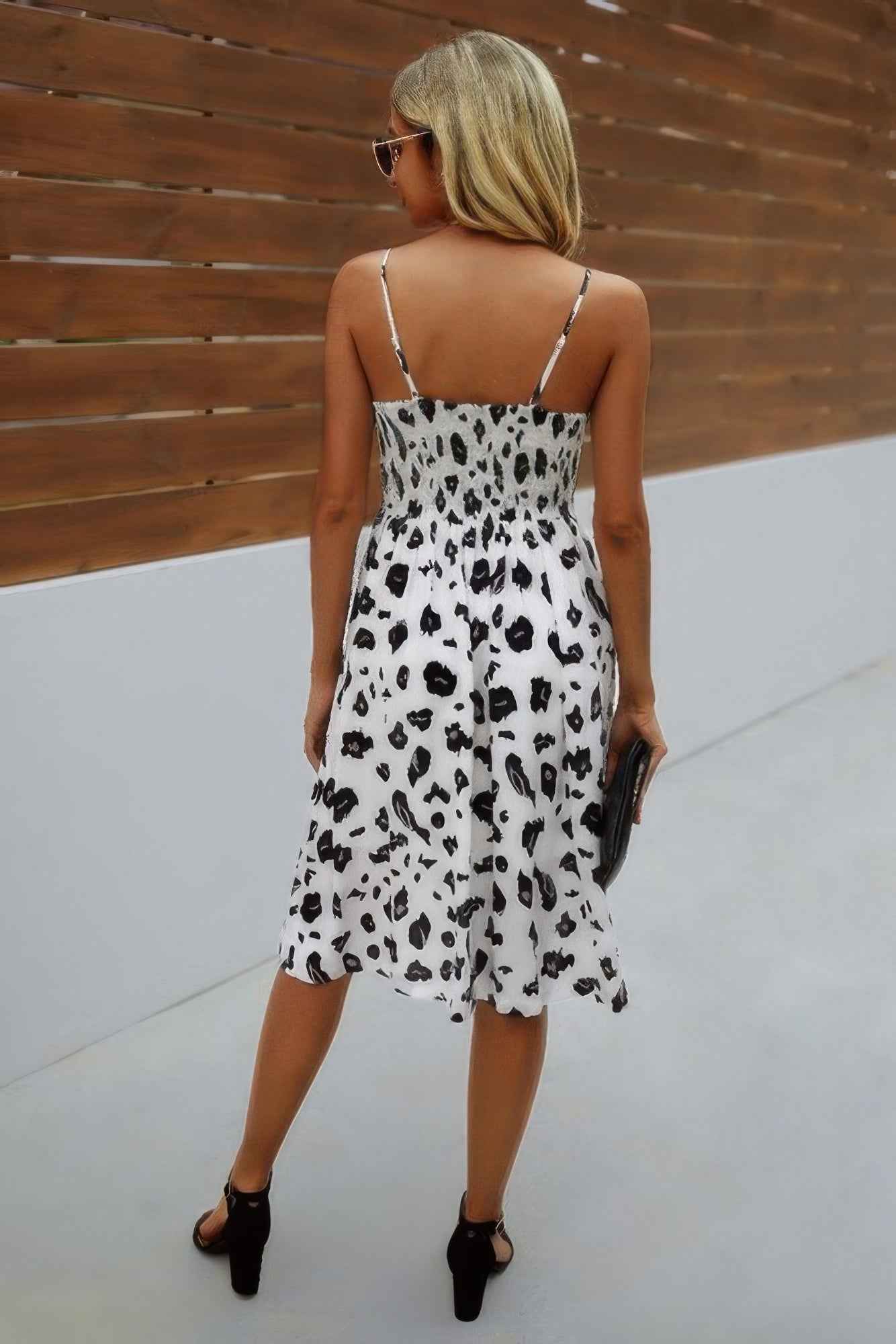 V Neck Spaghetti Strap Leopard Cut Out Midi Dress V Neck Spaghetti Strap Leopard Cut Out Midi Dress