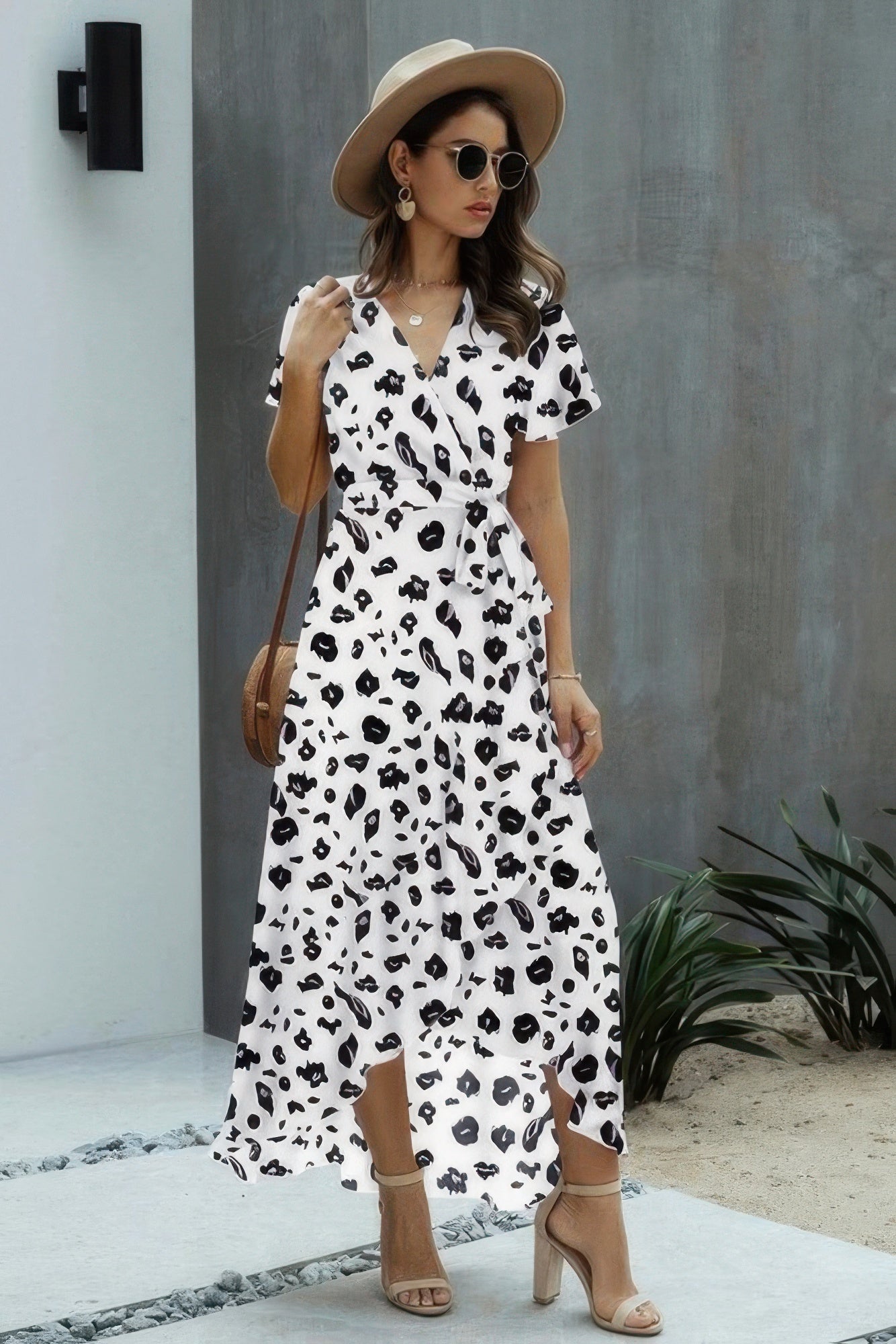 Allover Print High V Neck Low Wrap Dress product image