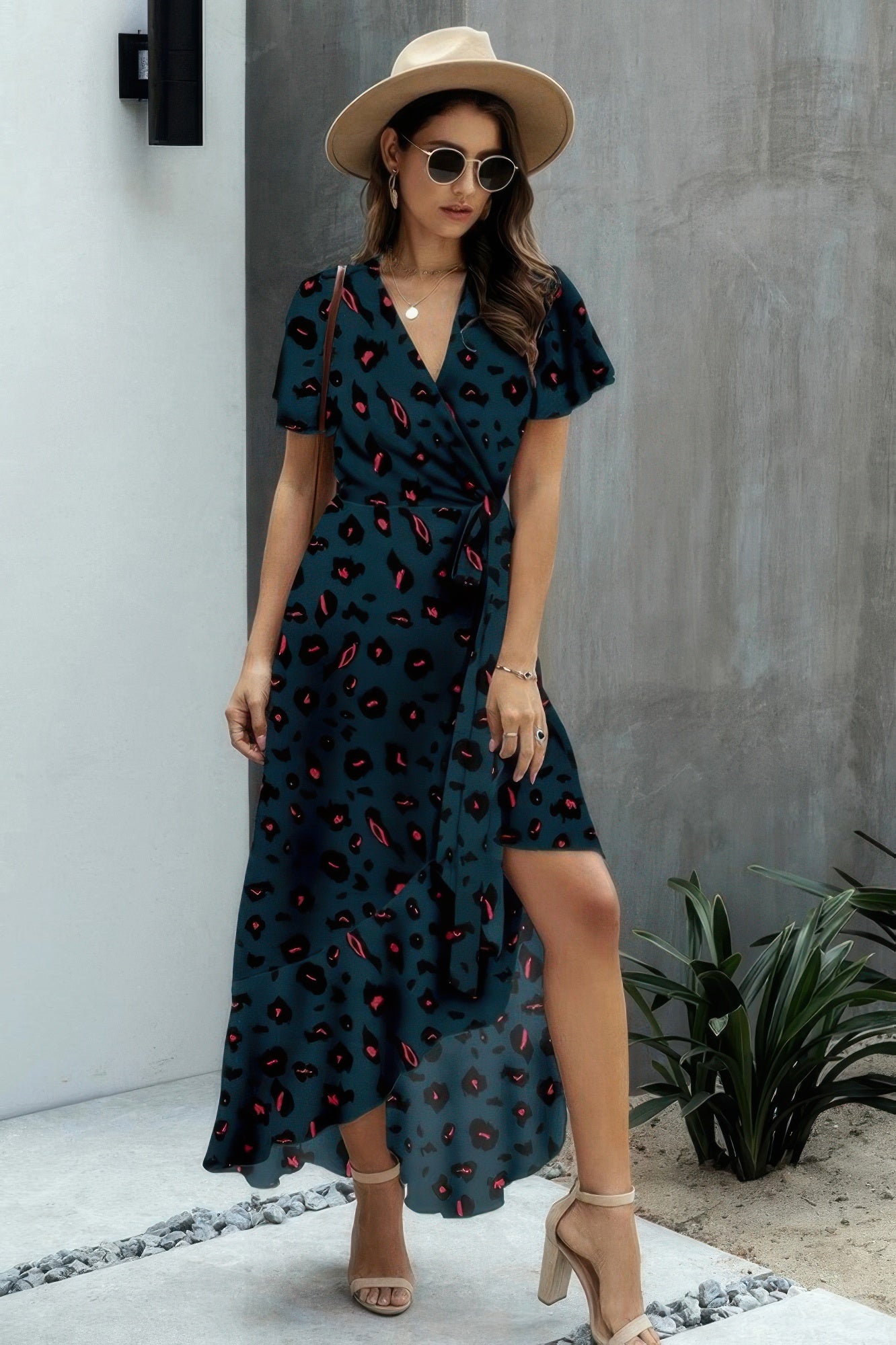 Allover Print High V Neck Low Wrap Dress product image