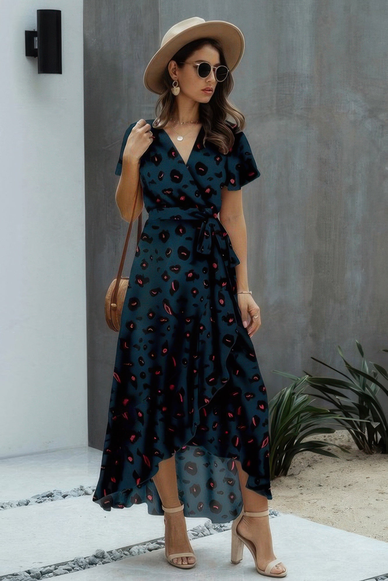 Allover Print High V Neck Low Wrap Dress product image