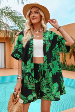 Two Pieces Tropical Print Kimono Elastic Waist Set