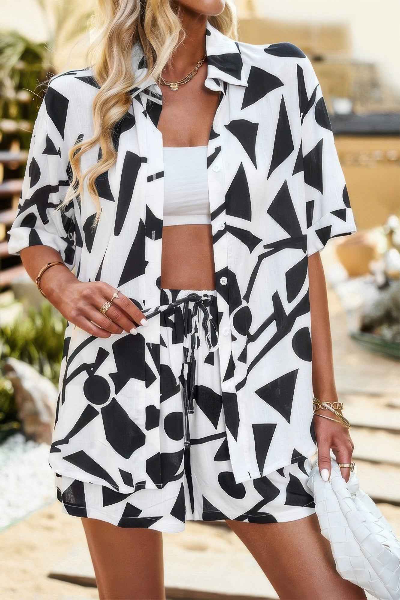 Two Piece Printed Button Down Elastic Waist Sets Two Piece Printed Button Down Elastic Waist Sets