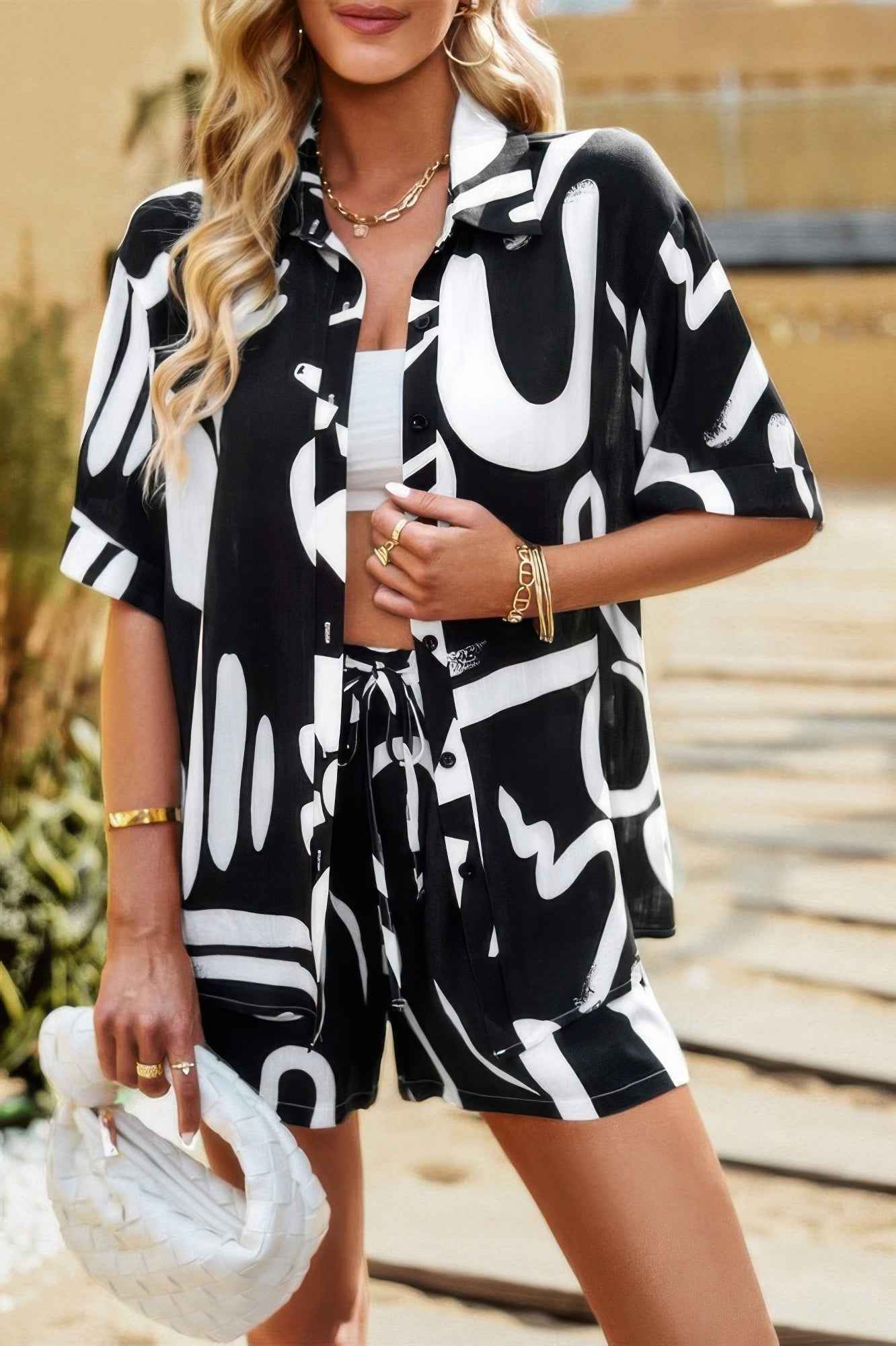 Two Piece Printed Button Down Elastic Waist Sets Two Piece Printed Button Down Elastic Waist Sets