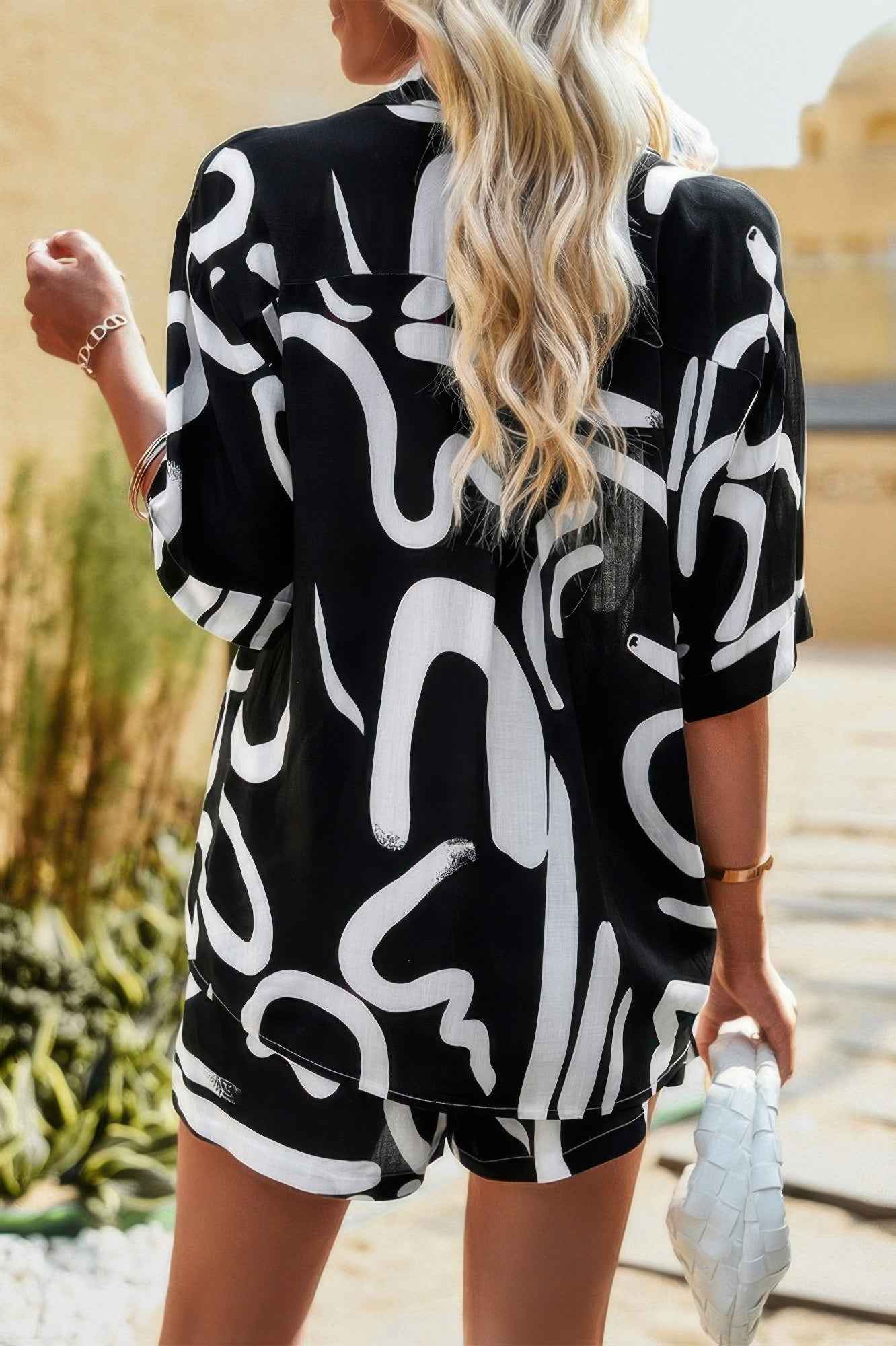 Two Piece Printed Button Down Elastic Waist Sets Two Piece Printed Button Down Elastic Waist Sets