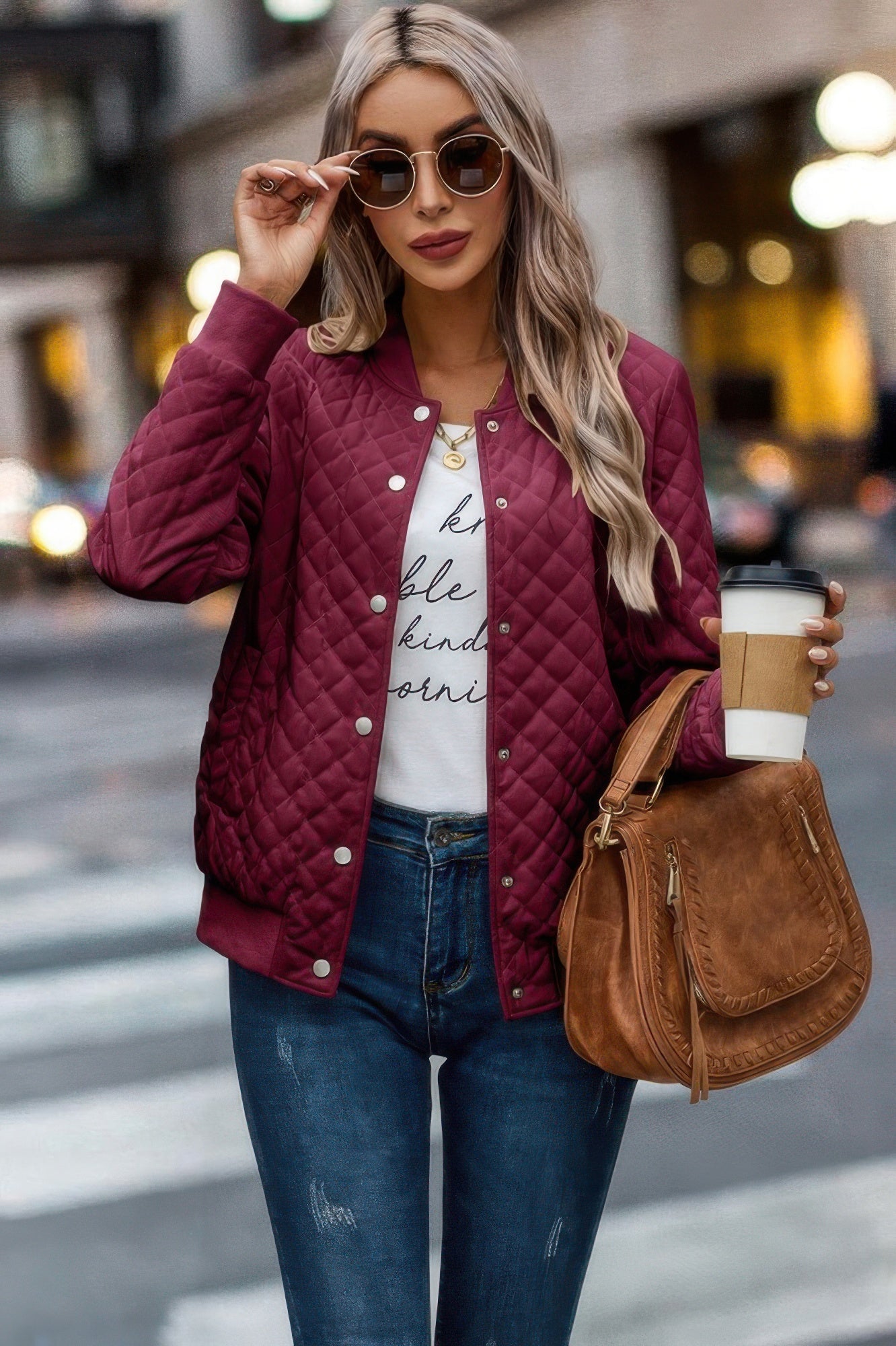 Solid Plaid Stitch Pockets Bomber Jacket product image