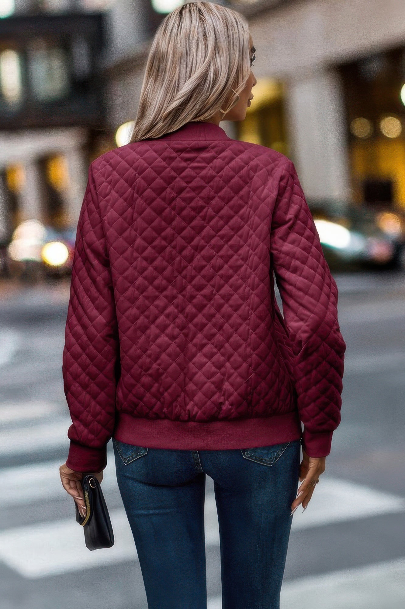 Solid Plaid Stitch Pockets Bomber Jacket product image