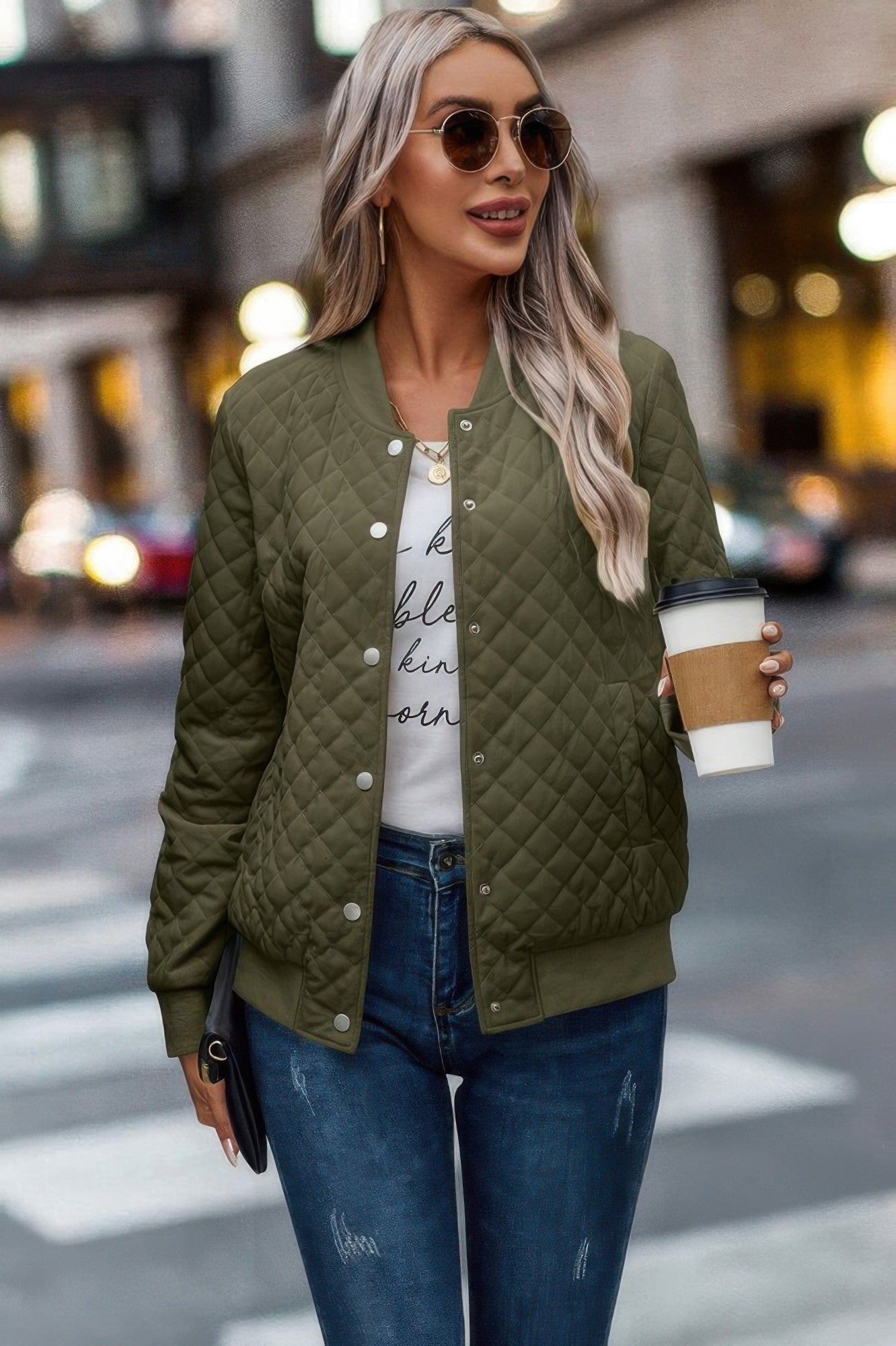 Solid Plaid Stitch Pockets Bomber Jacket product image