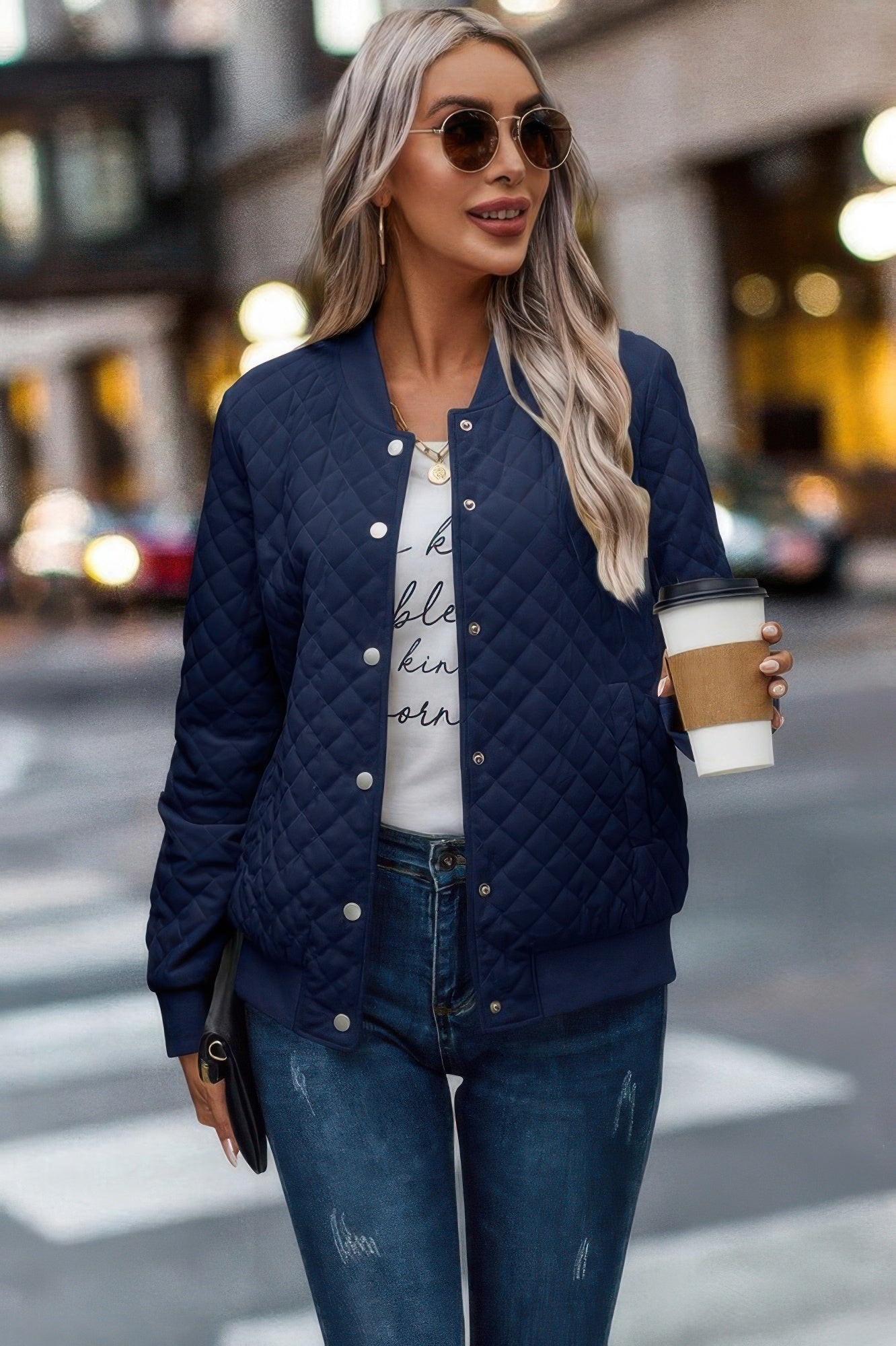 Solid Plaid Stitch Pockets Bomber Jacket product image
