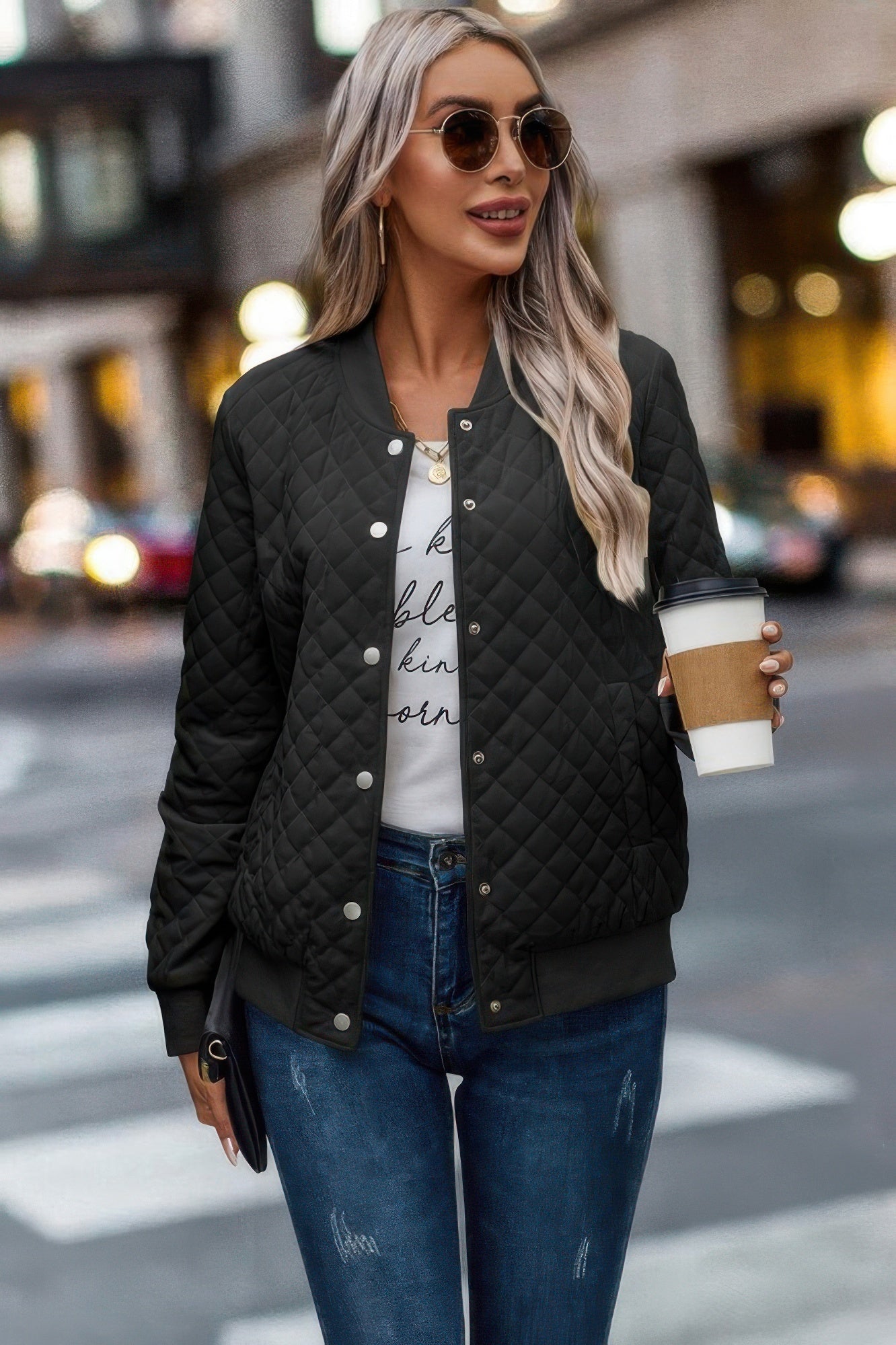 Solid Plaid Stitch Pockets Bomber Jacket product image