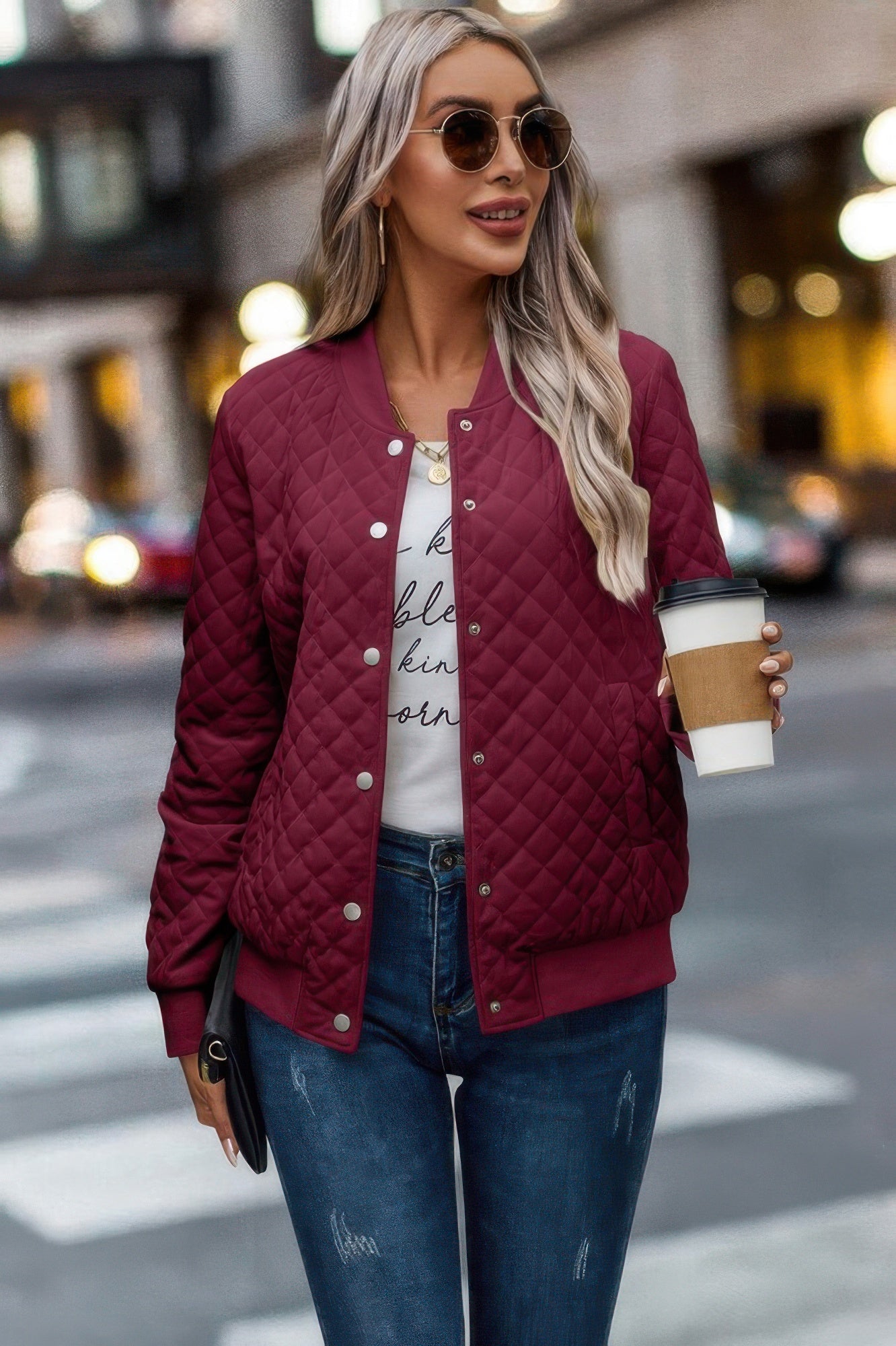 Solid Plaid Stitch Pockets Bomber Jacket product image