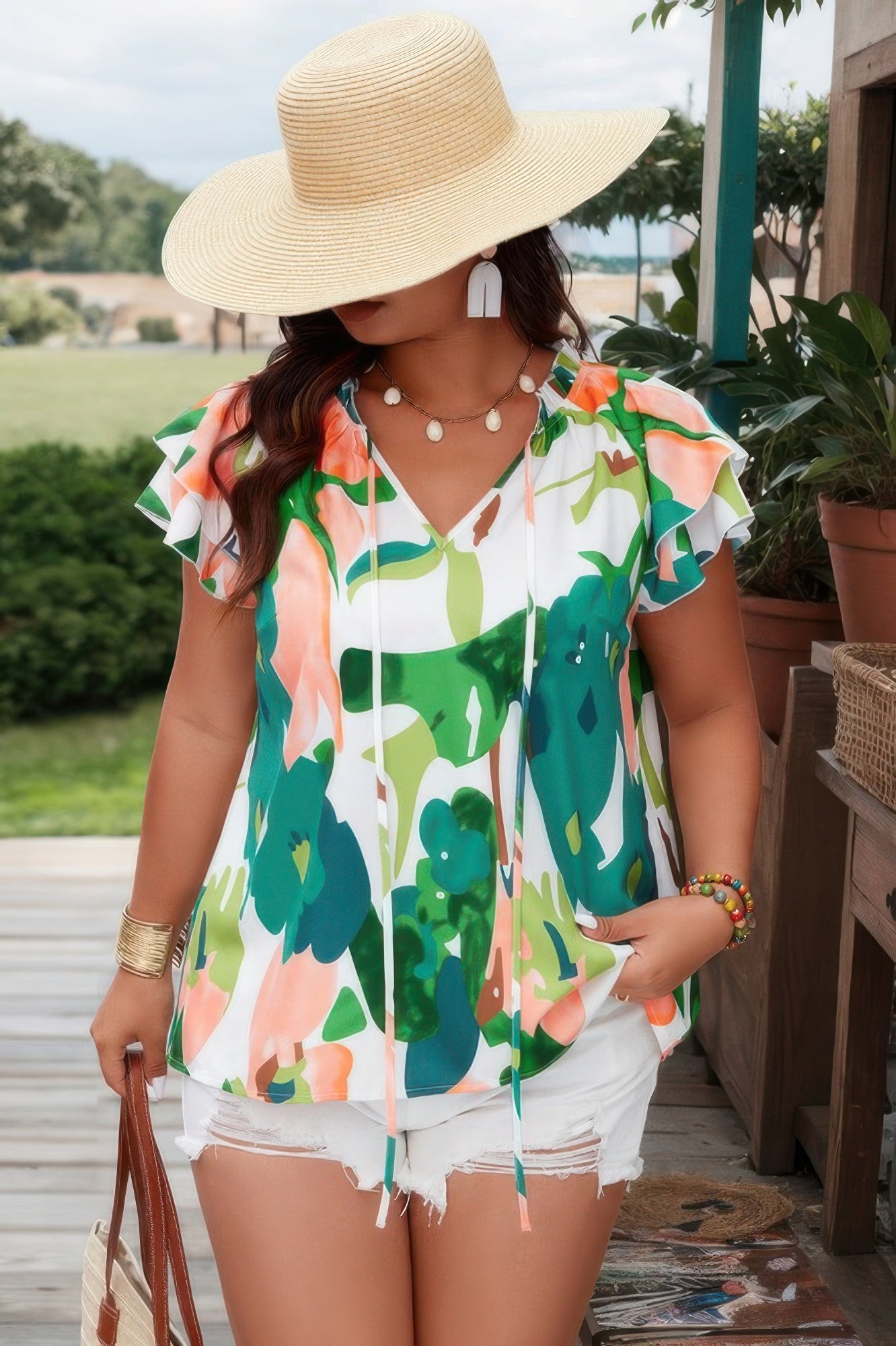 Plus Random Print Ruffled Sleeve Boho Blouse product image