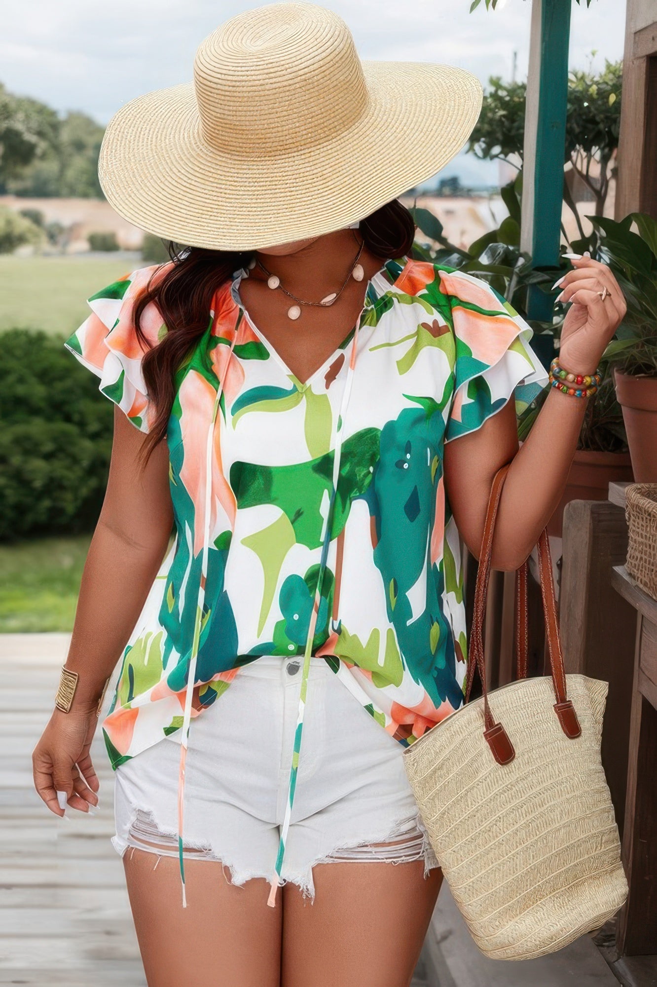 Plus Random Print Ruffled Sleeve Boho Blouse product image
