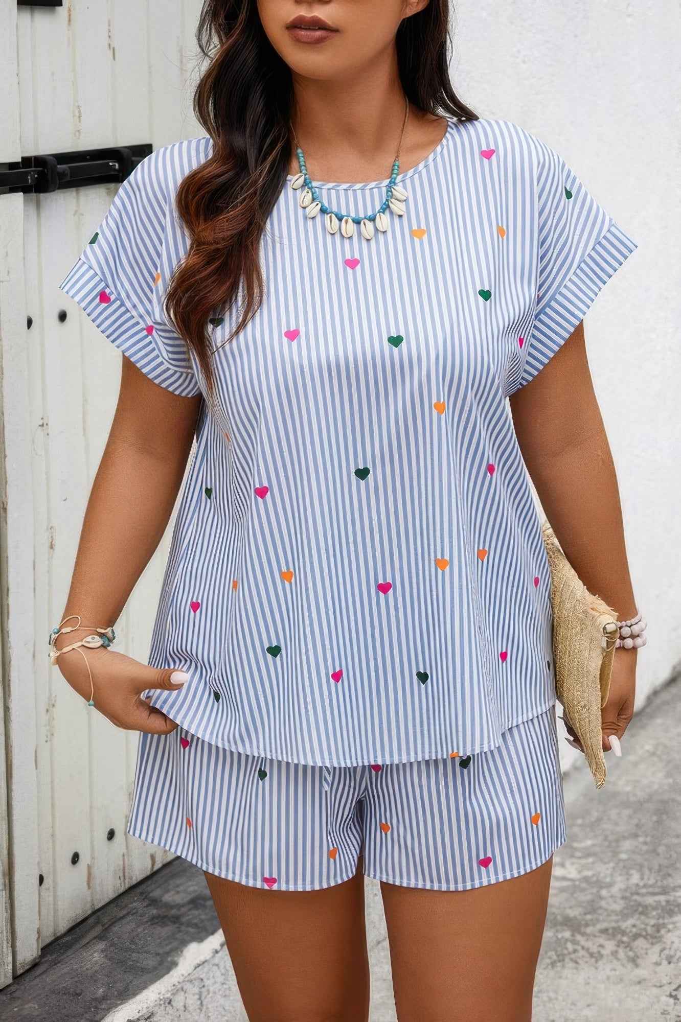Heart Print Plus Size Two Pieces Strip Loose Sets Heart Print Plus Size Two Pieces Strip Loose Sets