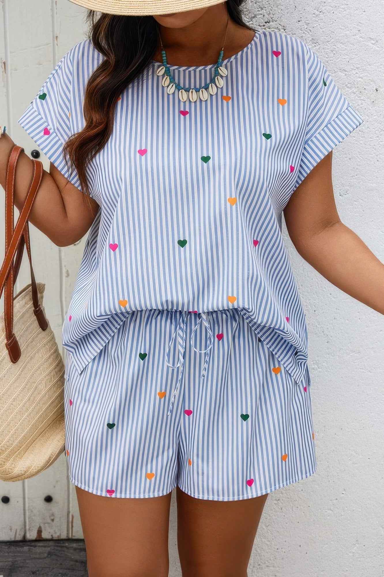 Heart Print Plus Size Two Pieces Strip Loose Sets Heart Print Plus Size Two Pieces Strip Loose Sets